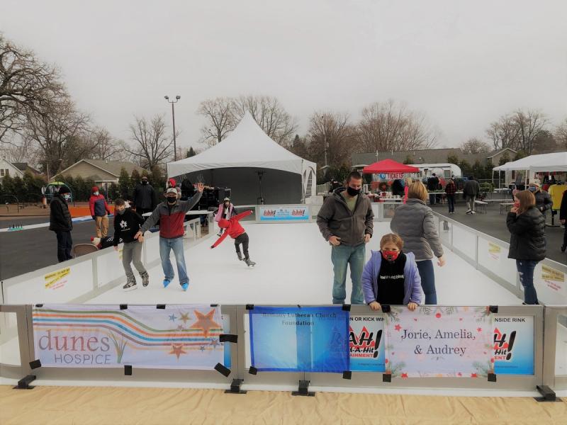 Community members skate on a temporary ice rink in La Porte, IN.
