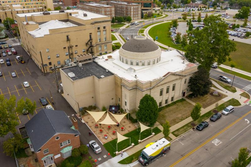 An above view of the Civic Theatre and reimagined plaza. 