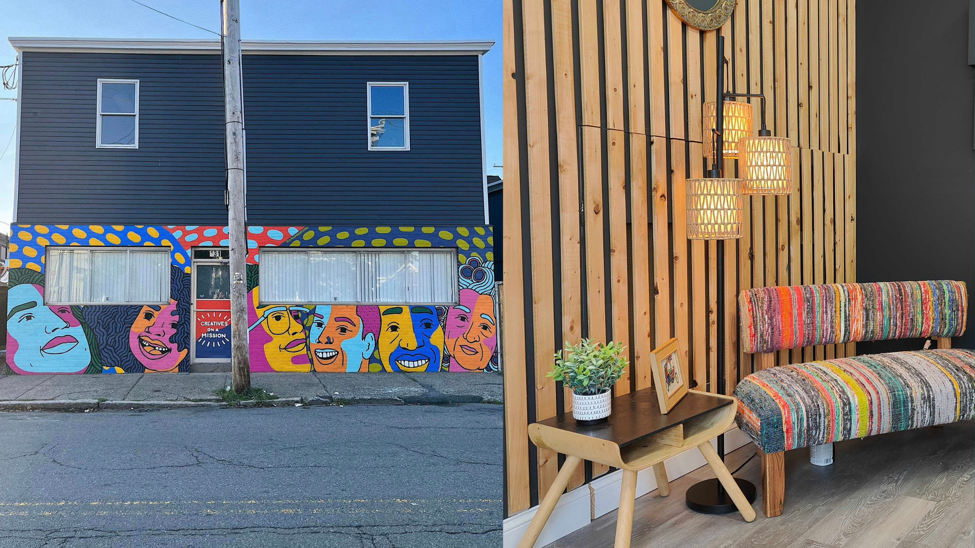 The front of EmVision’s new space featuring a colorful mural of faces and patterns by artist Anna Dugan (left). The welcoming and colorful interior of the new space (right). 