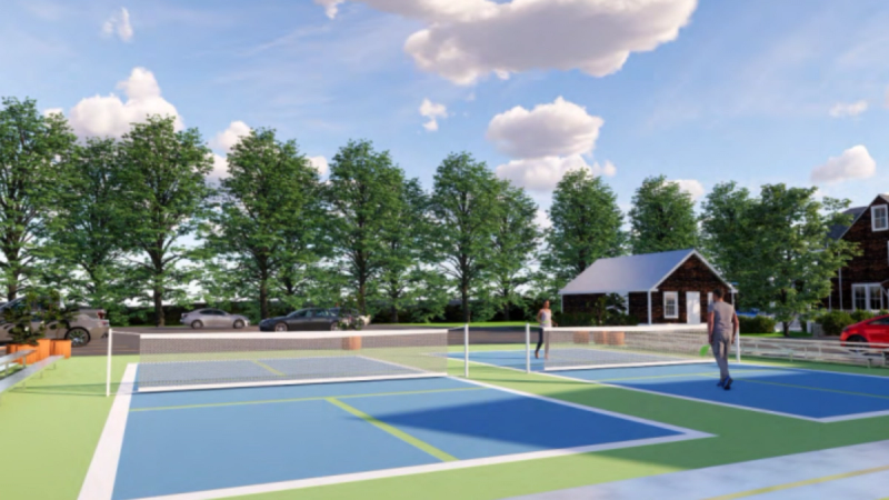 A rendering of Arlington Common Ground, an outdoor venue featuring two pickleball courts.