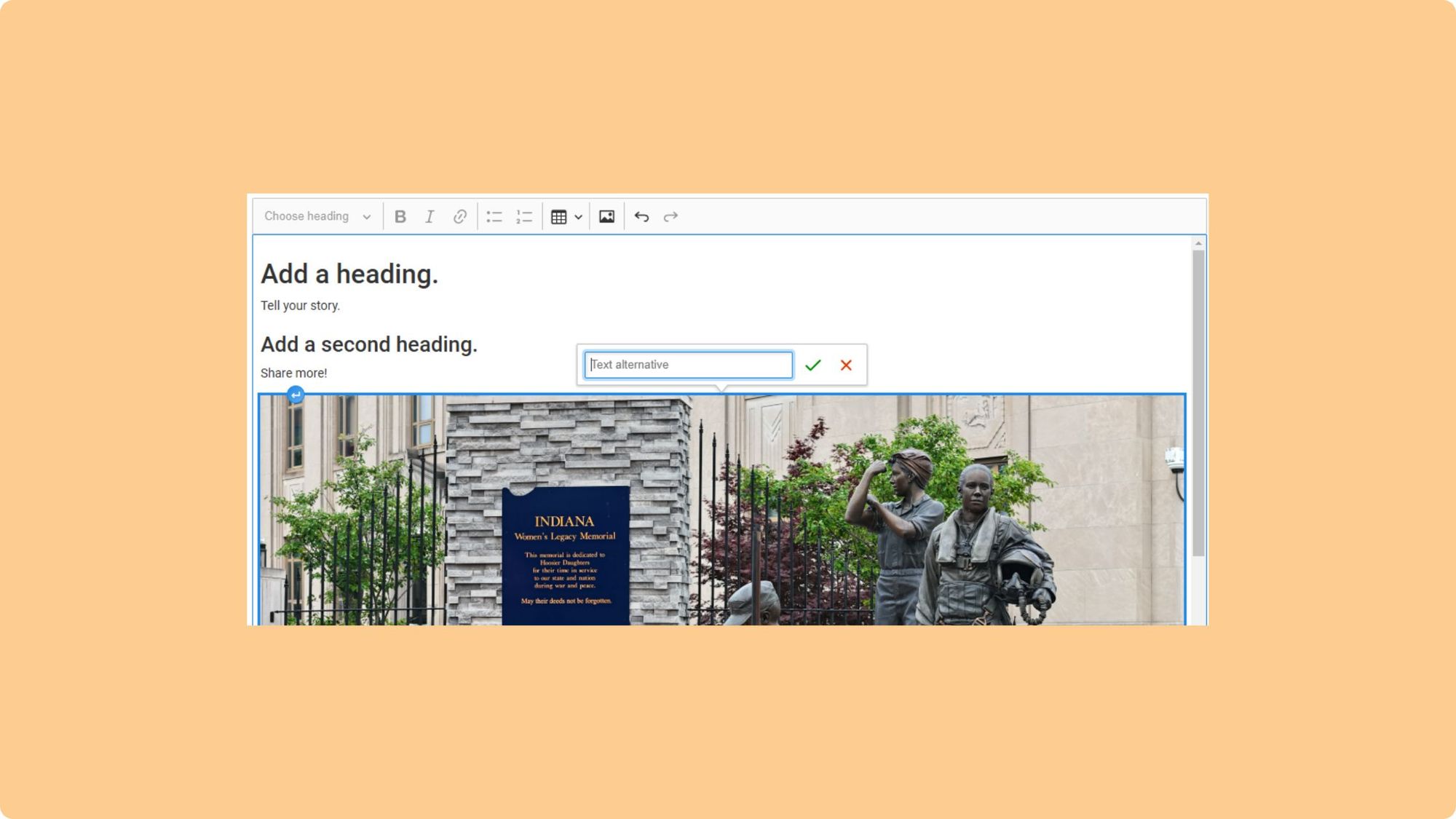 Patronicity’s text editor with sample headings and images. 