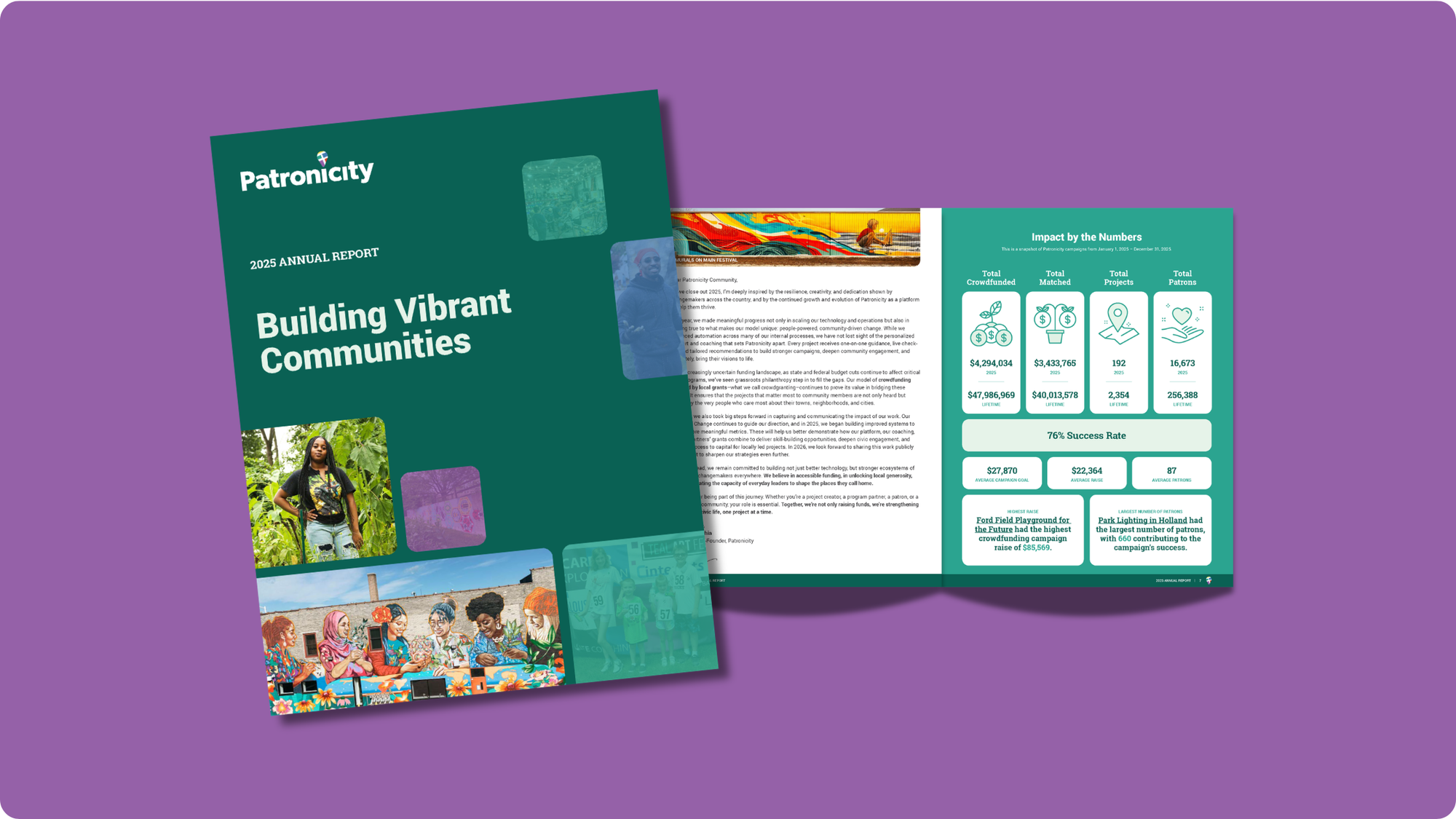 2025 Patronicity Annual Report cover and interior spread. 