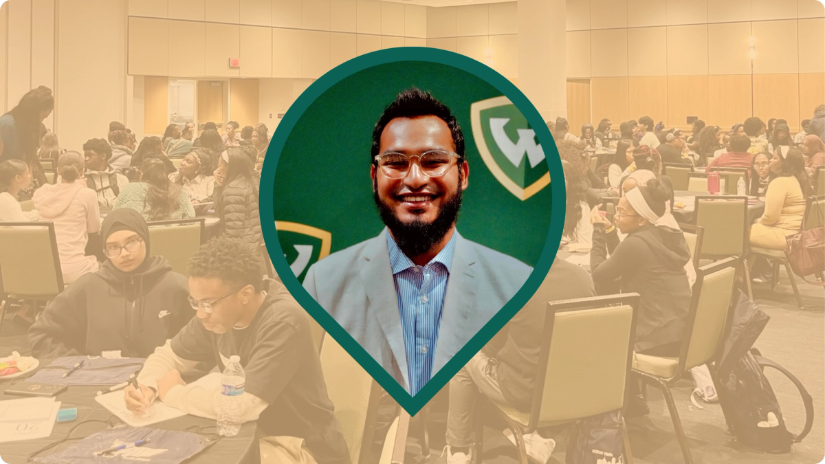 A headshot of a young Bangladeshi man within a pin icon, with an orange background showing a conference room full of students at tables.