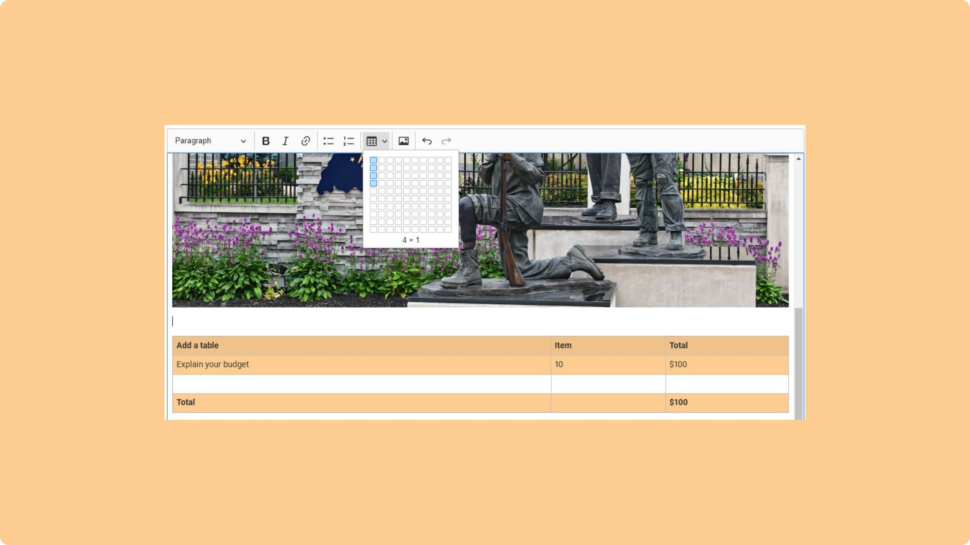 Patronicity’s text editor with a sample table. 
