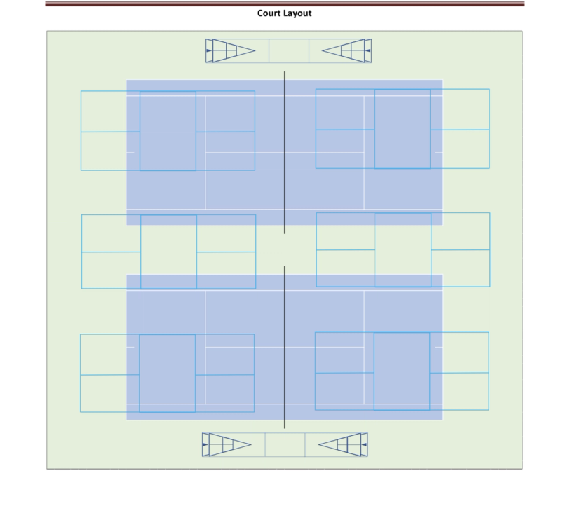 The design for the multi-use court in Madison, Indiana, including tennis, Pickleball, bocce ball and shuffle board.