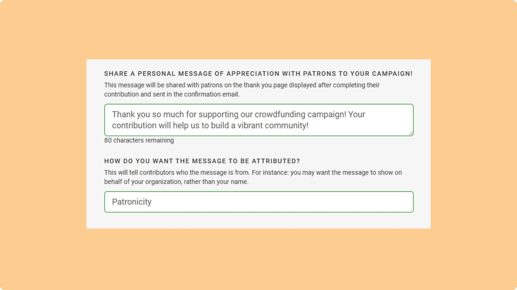 Patronicity’s Elevate section includes two fields to share a personal message of appreciation and attribution.