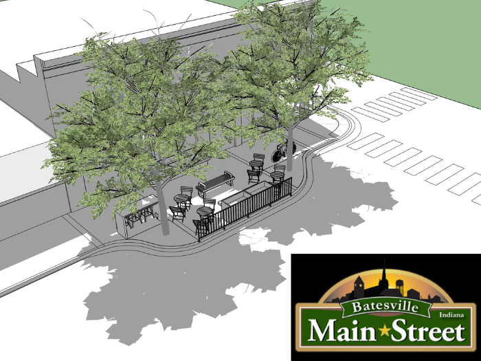 Batesville Main Street rendering of outdoor seating transforming a former parking space. 