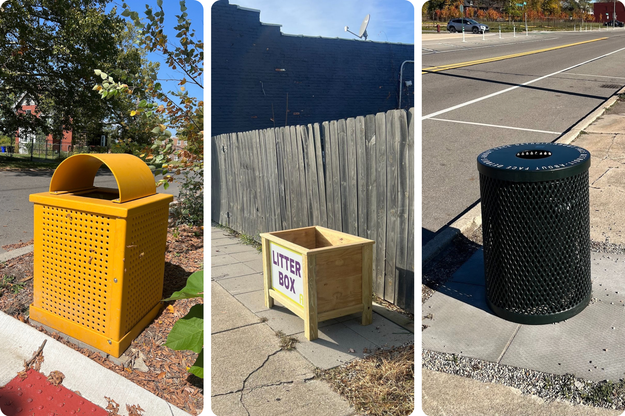 Three images of distinct and different trash cans; a bright yellow bin with a rounded lid, an open wooden box labeled 'Litter Box', and a sleek black bin.