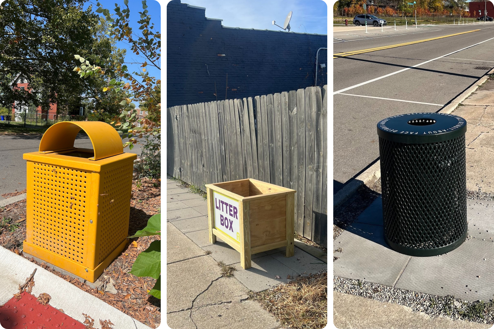 Three images of distinct and different trash cans; a bright yellow bin with a rounded lid, an open wooden box labeled 'Litter Box', and a sleek black bin.