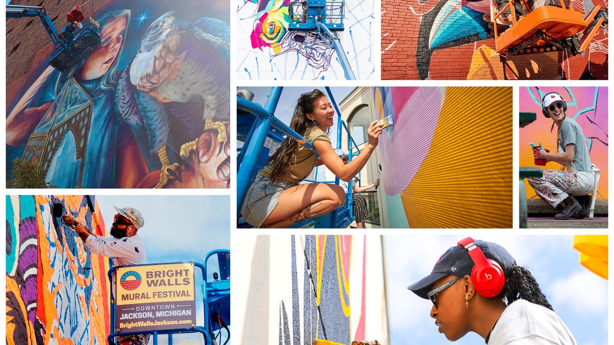 A collage of photos highlight mural artists painting in Jackson, MI.