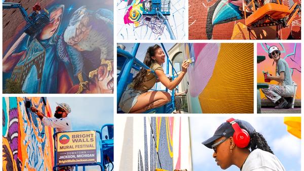 A collage of photos highlight mural artists painting in Jackson, MI.