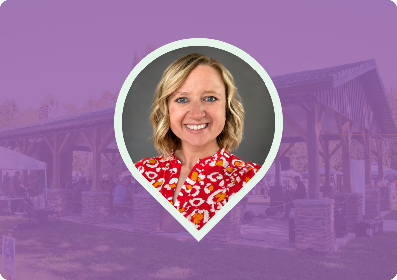 Headshot of Jessica Potts, with an image of the Hindostan Falls Shelter in the background.