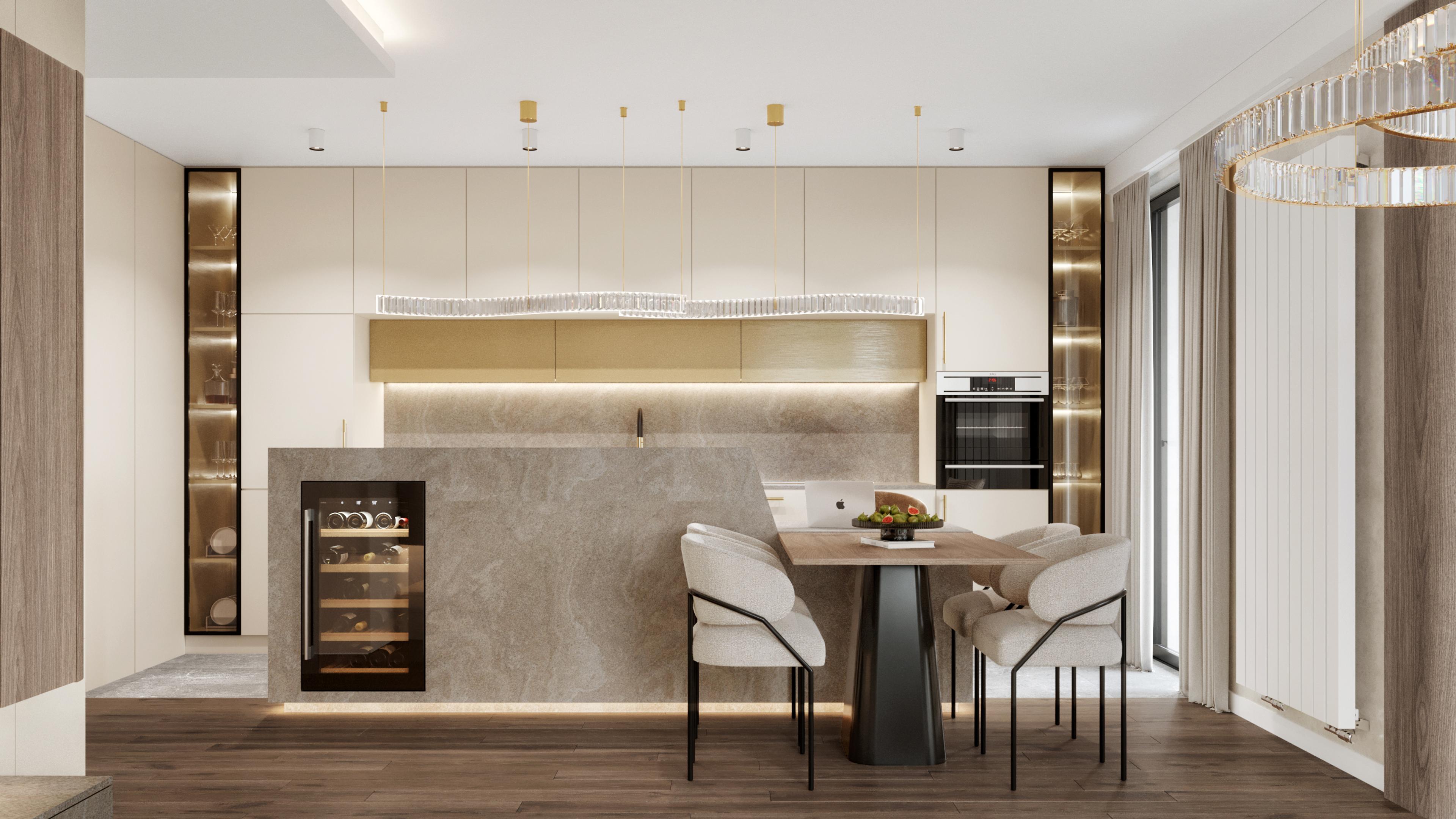 Kitchen with a stone island, a wine cooler, backlit display cabinets and a dining table