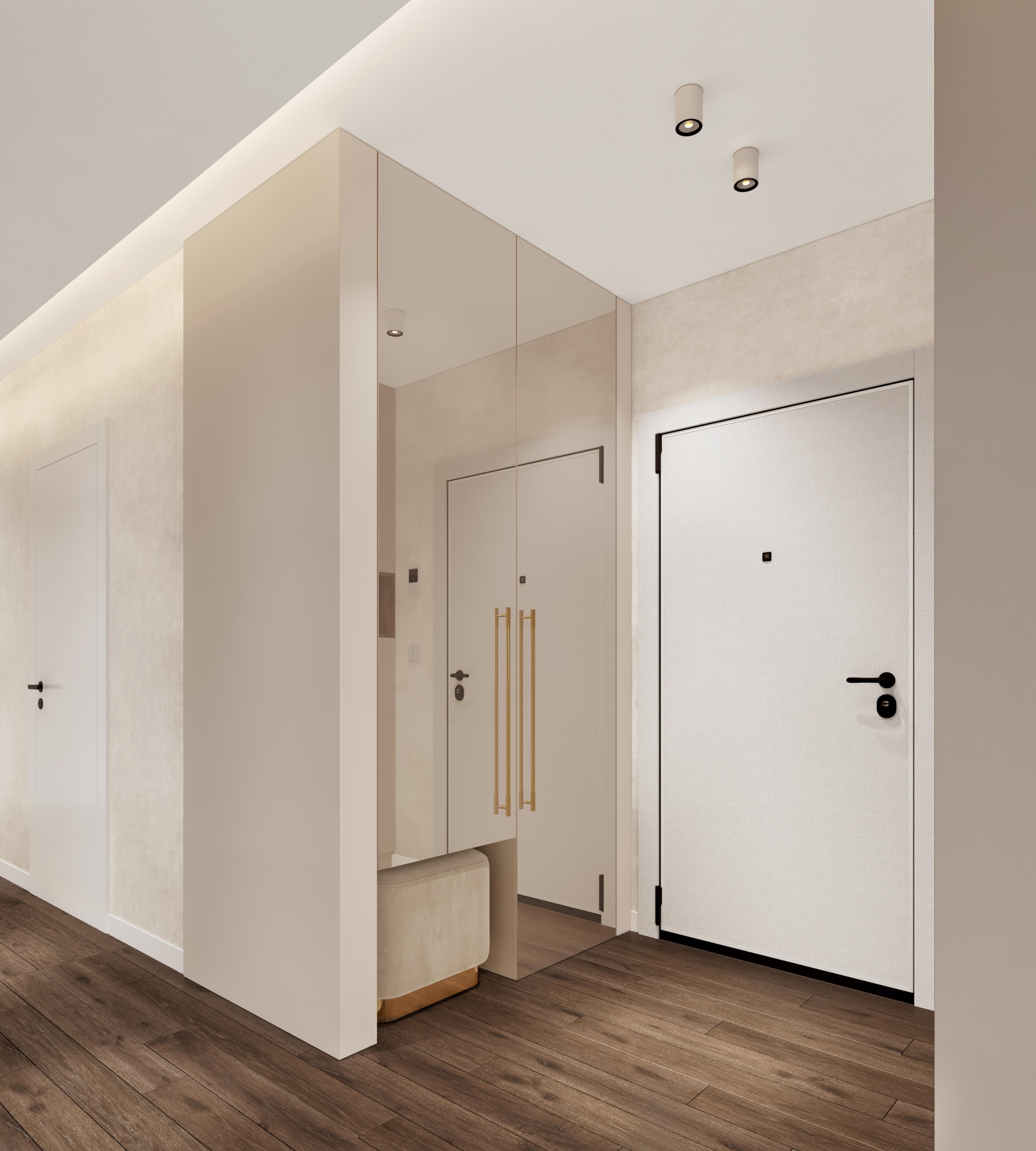 Entrance with a white front door, built-in storage and a bench