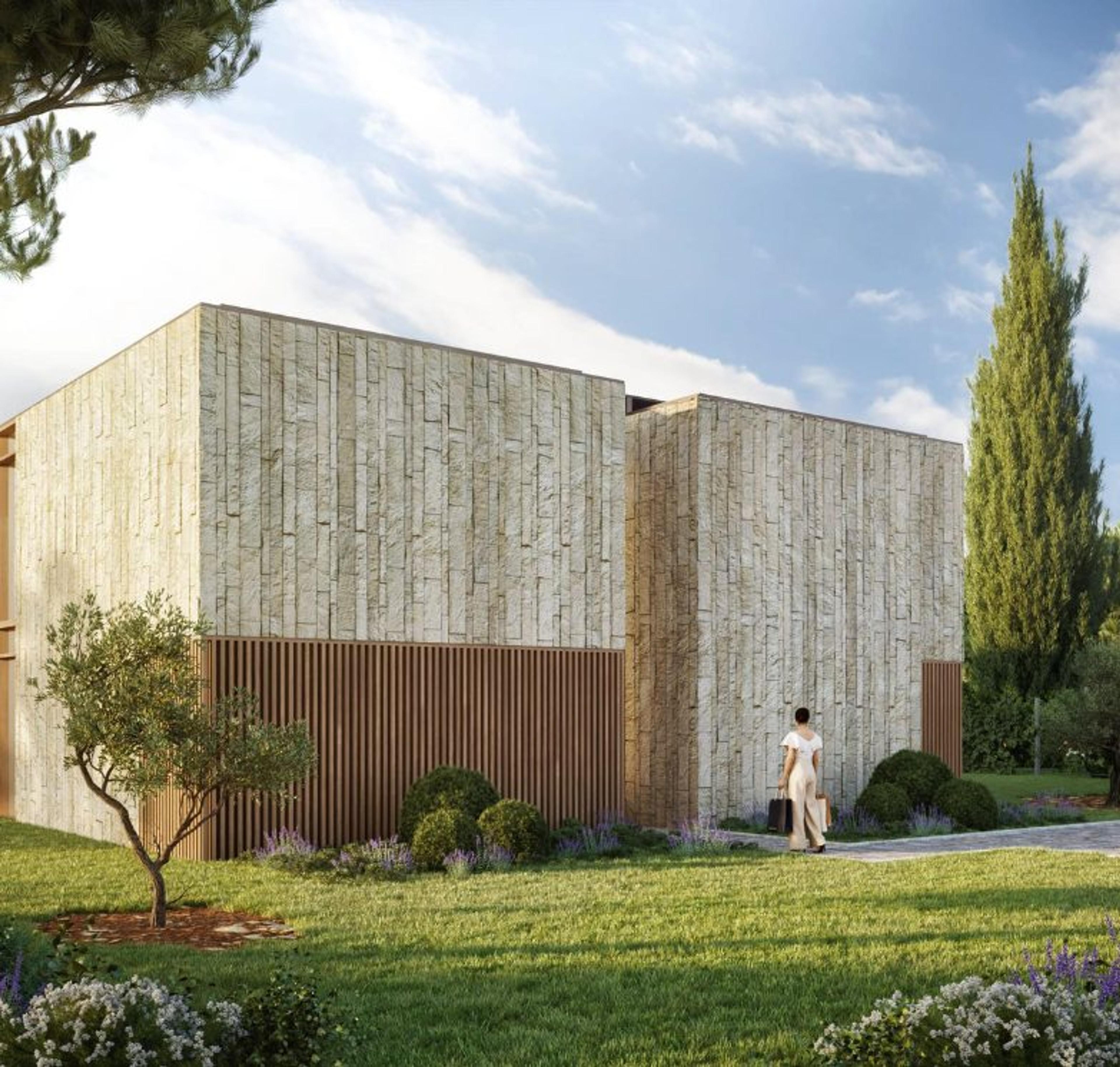 Stone house exterior render, BaleLand Project