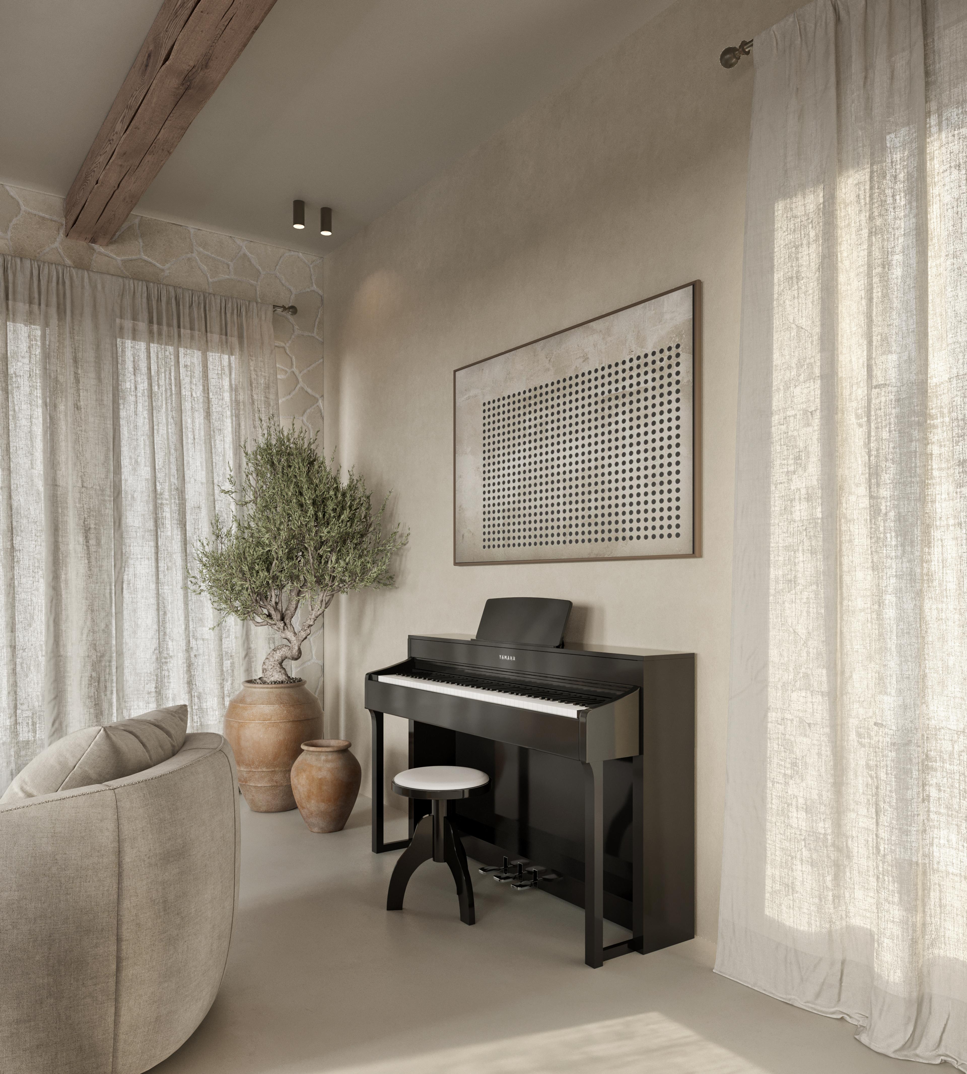 Living room corner with a digital piano, an olive tree in a clay pot and linen curtains