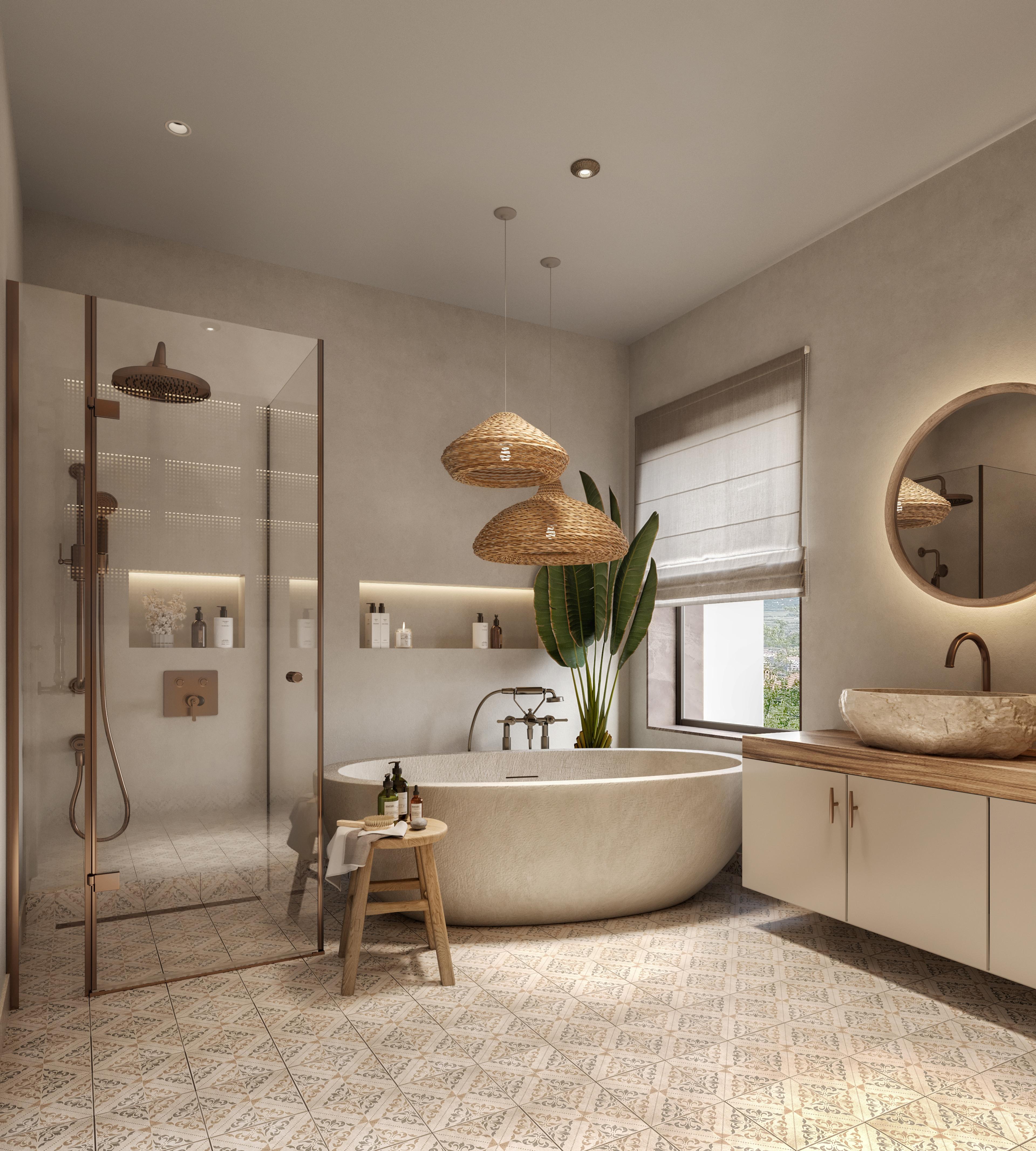 Main bathroom with a freestanding stone bathtub, a glass shower and rattan pendants