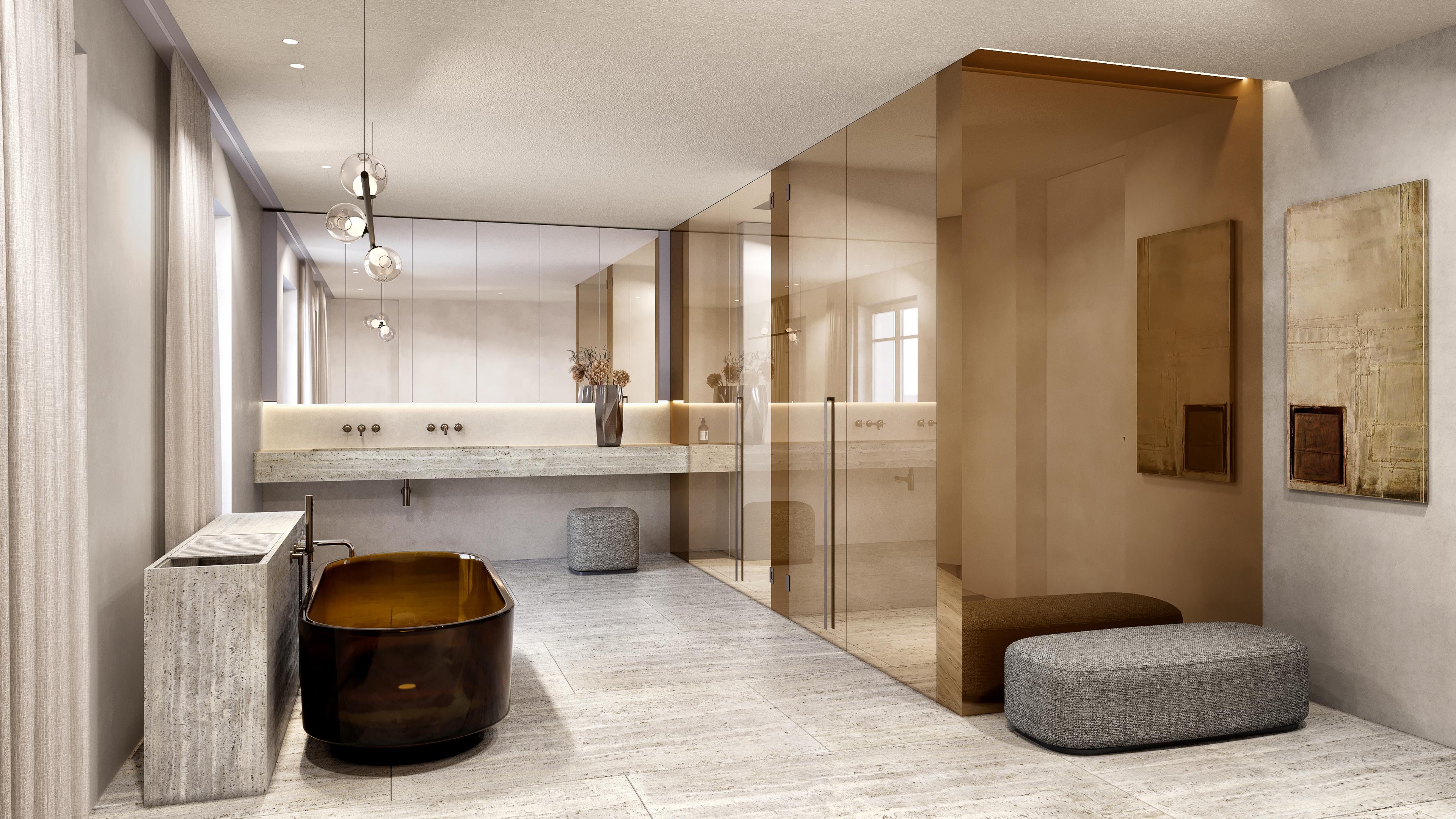 Bathroom with a freestanding amber tub, stone vanity and bronze-tinted glass shower