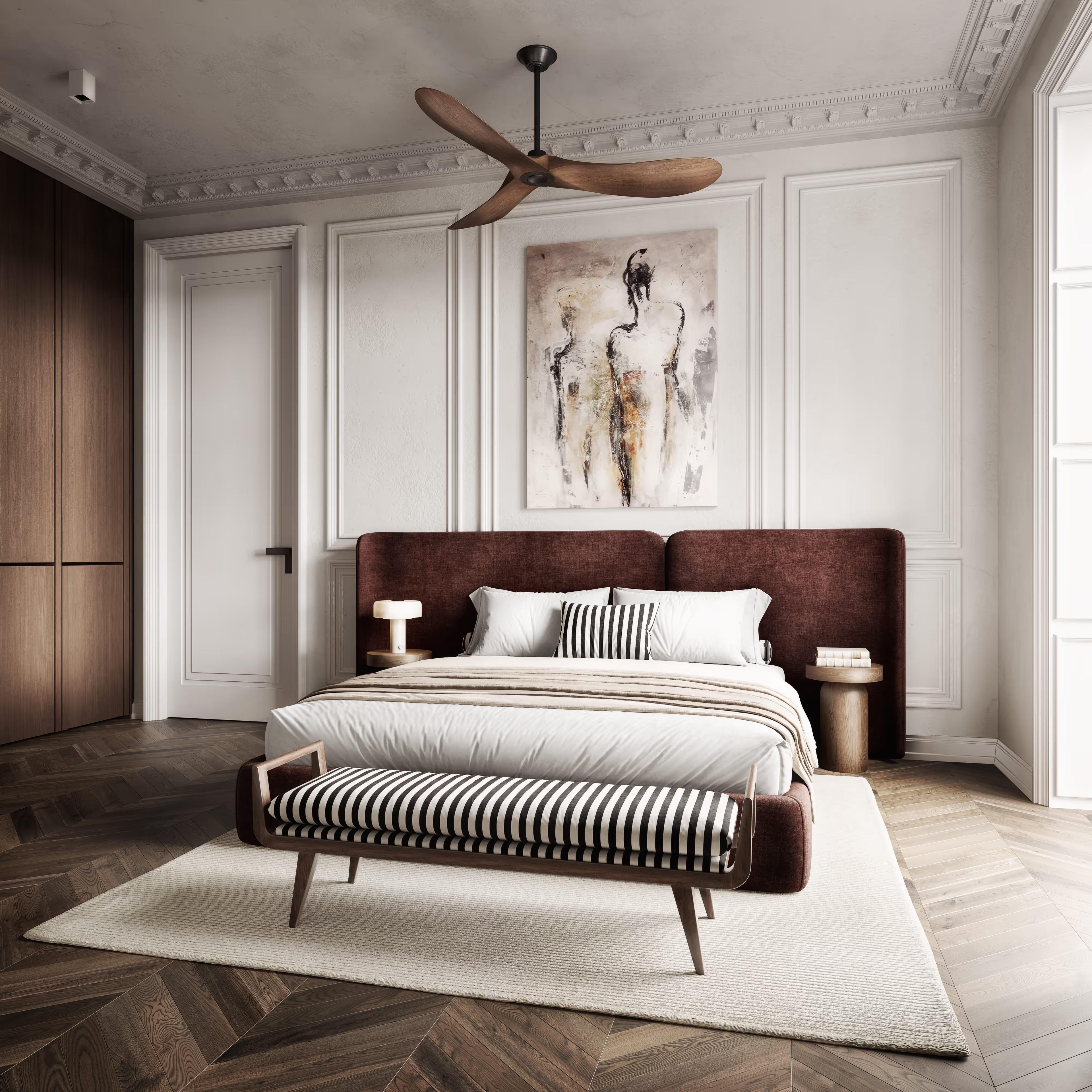 Bedroom with burgundy headboard