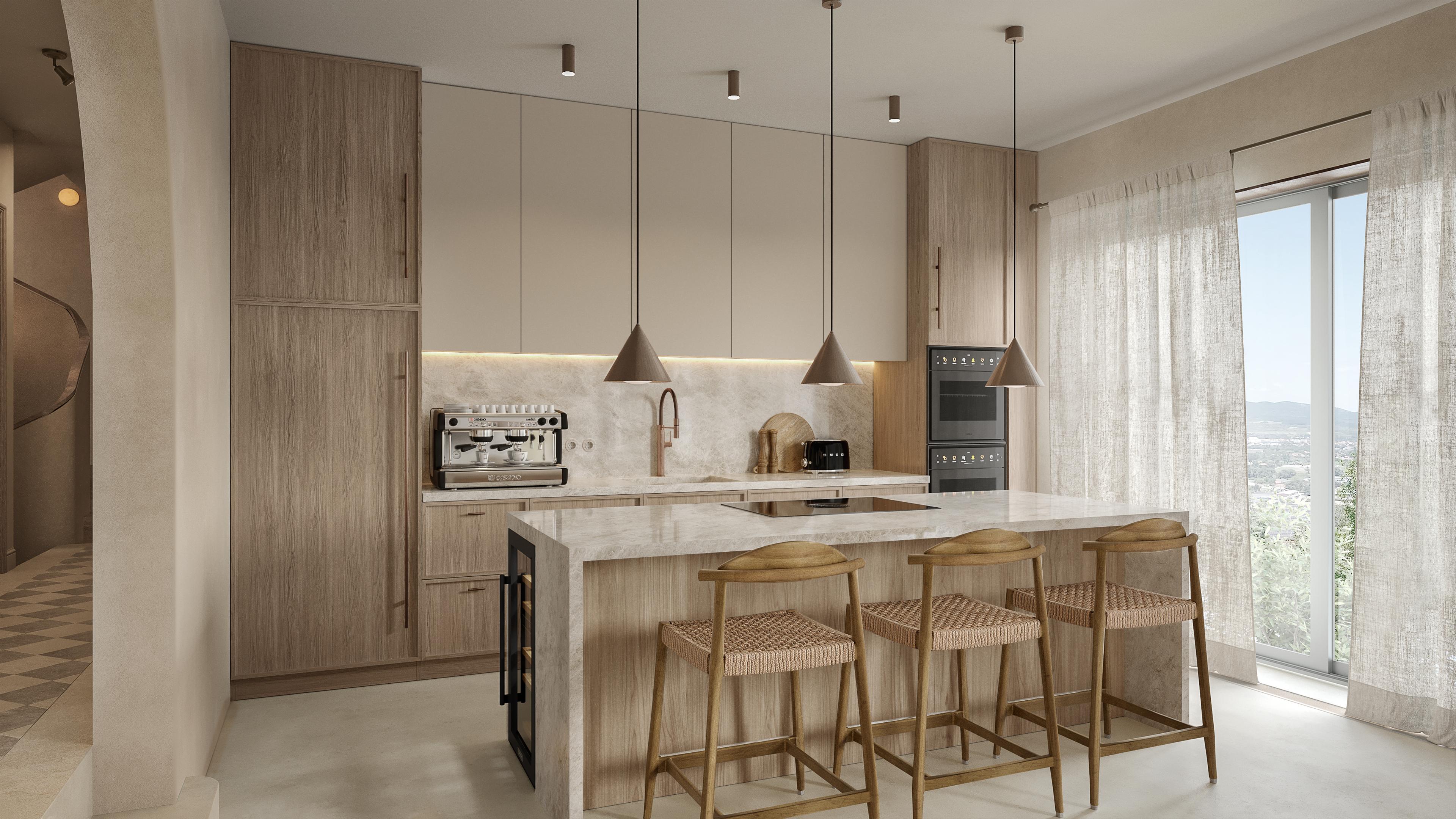 Kitchen with an oak and cream cabinet wall, a stone island and rattan bar stools
