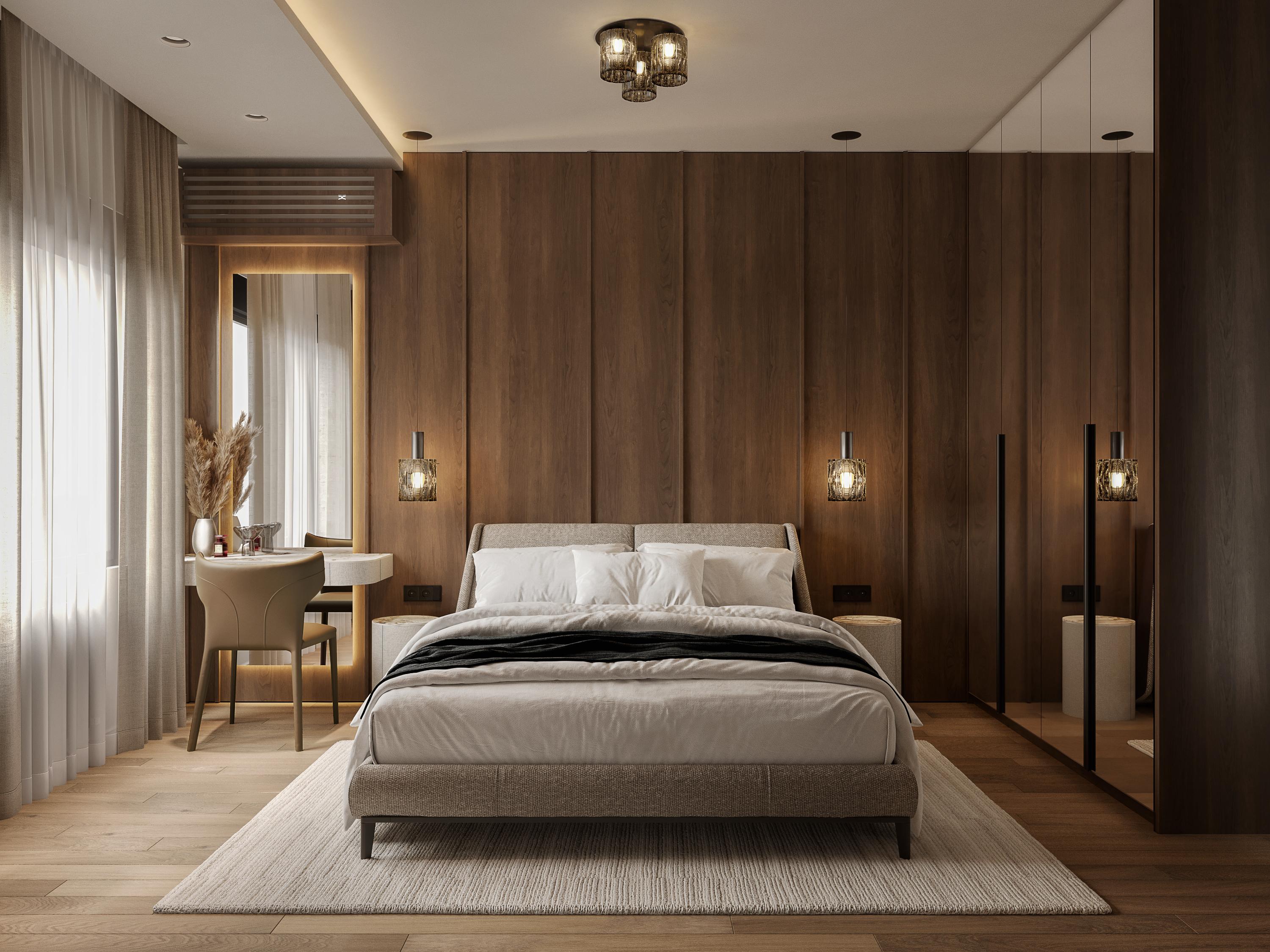 Bedroom with a walnut panelled wall, a beige upholstered bed and a small writing desk