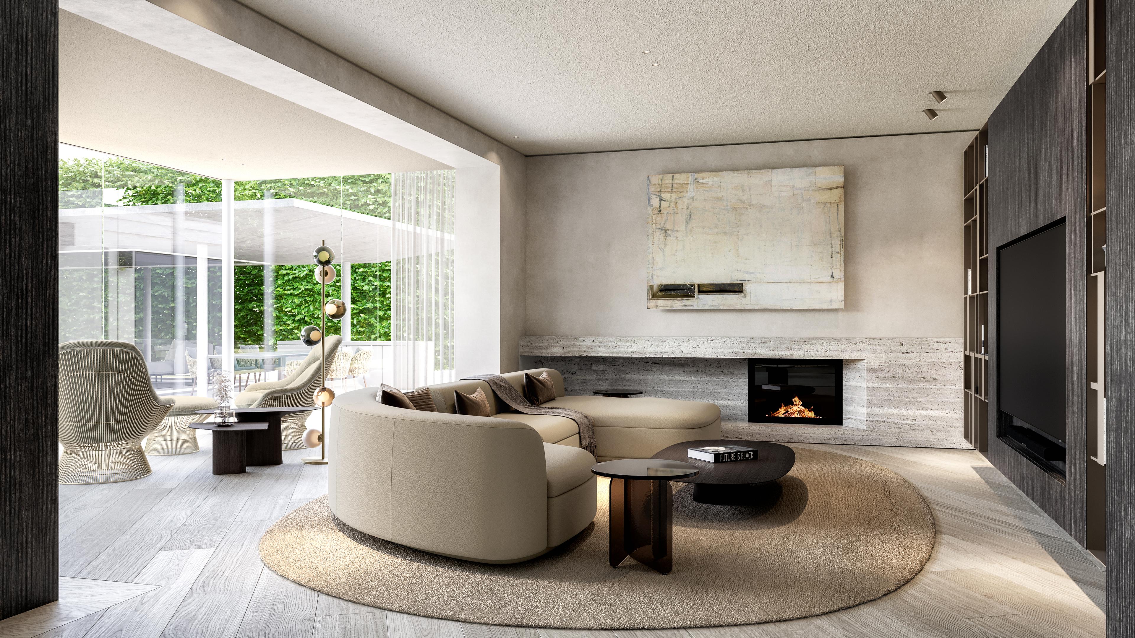 Living room with a curved cream sofa, round jute rug and fireplace opening to the garden