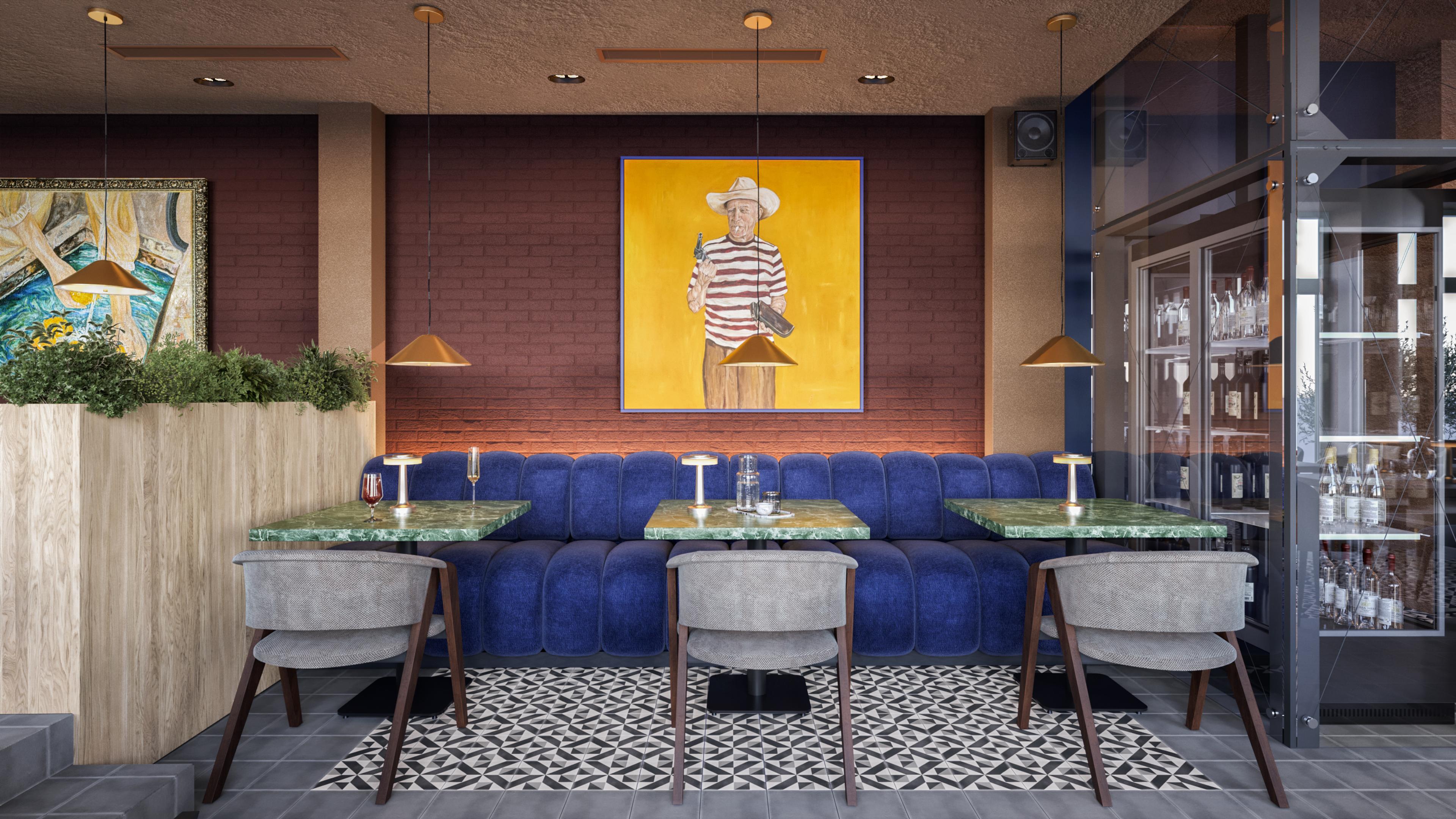 Blue velvet banquette with green marble tables below a yellow portrait painting