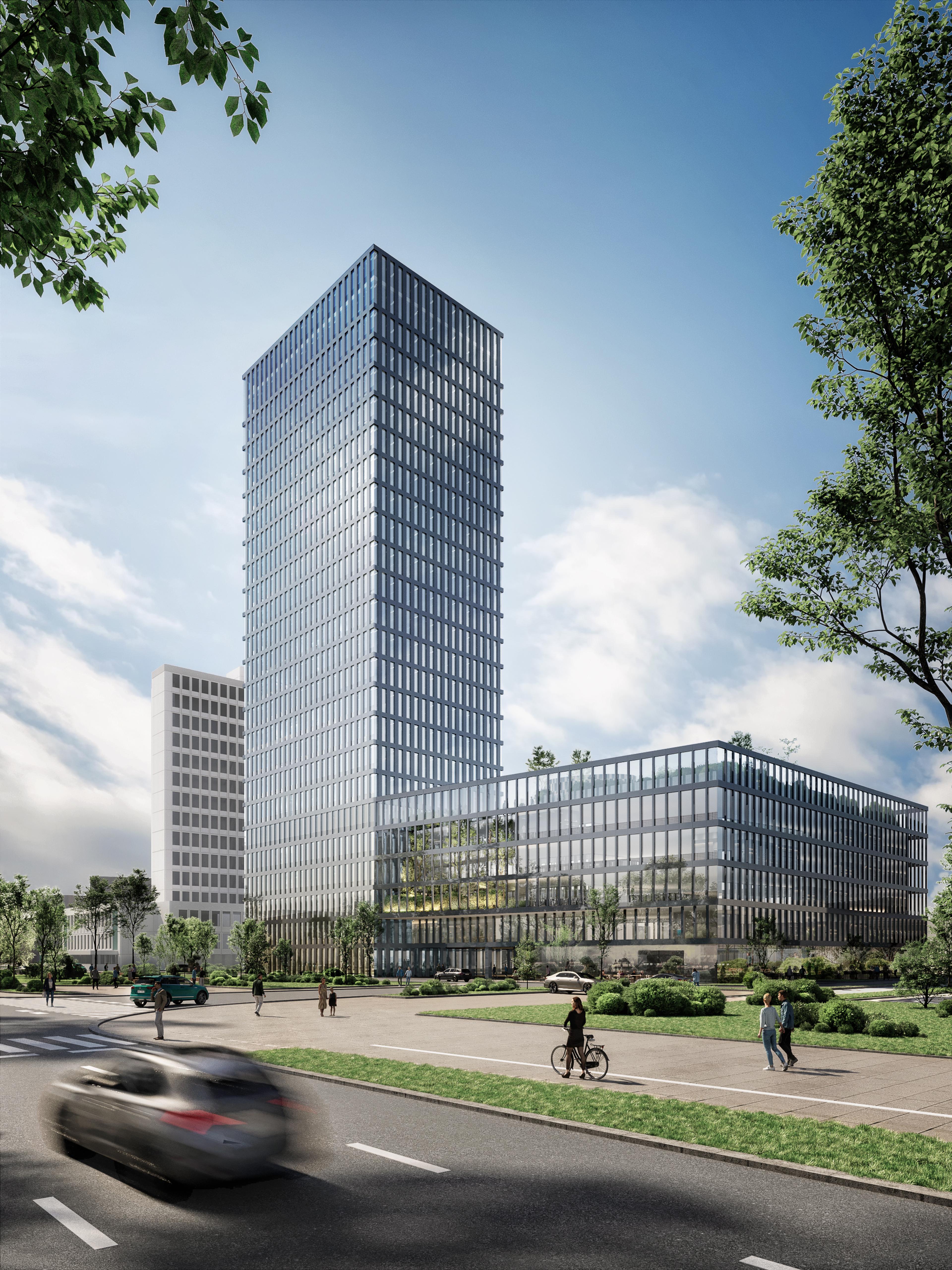Glass office tower with a low podium building, seen from the street with a cyclist and a blurred car