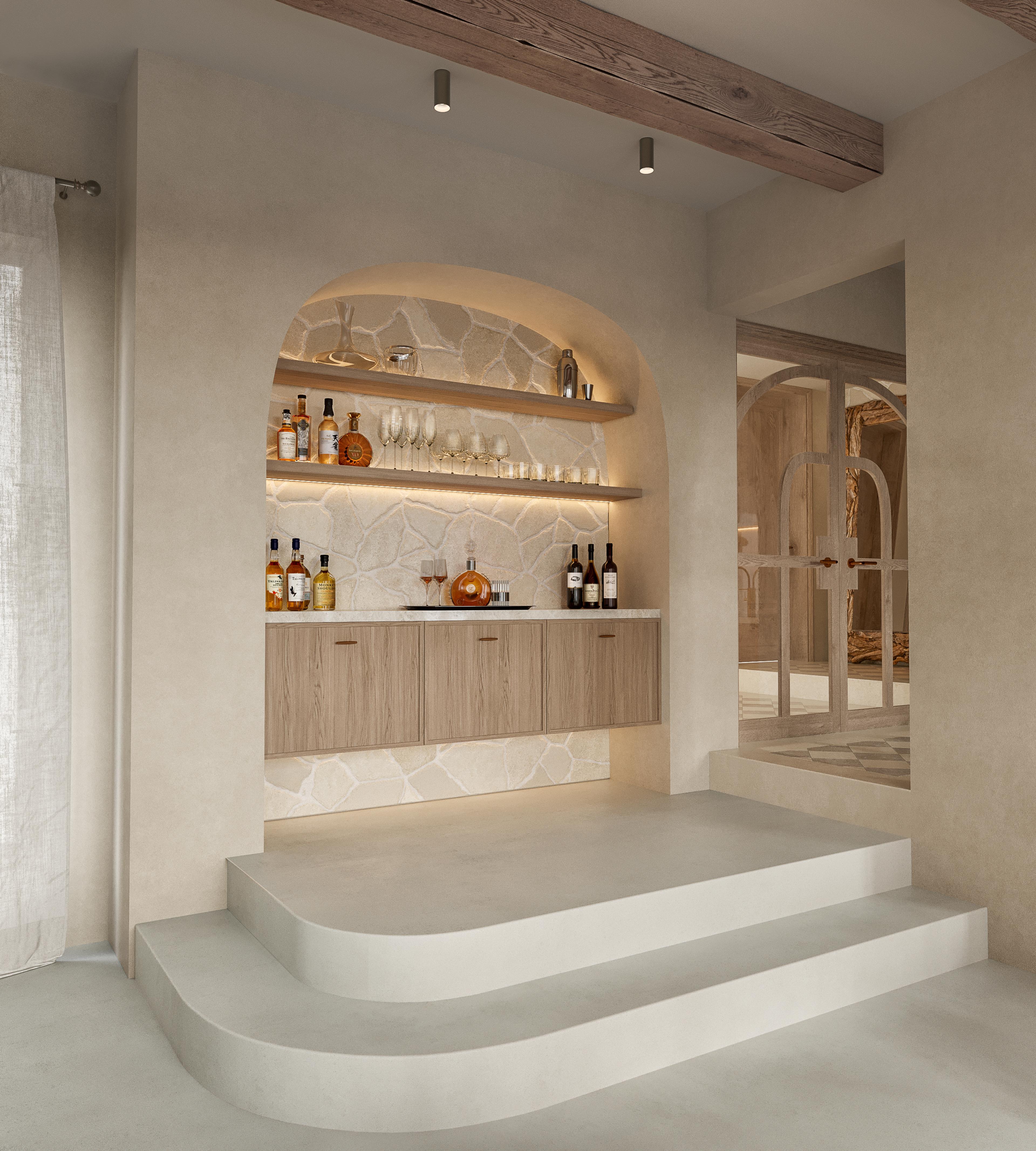 Hobby room with an arched bar niche, lit shelves and a curved plaster step