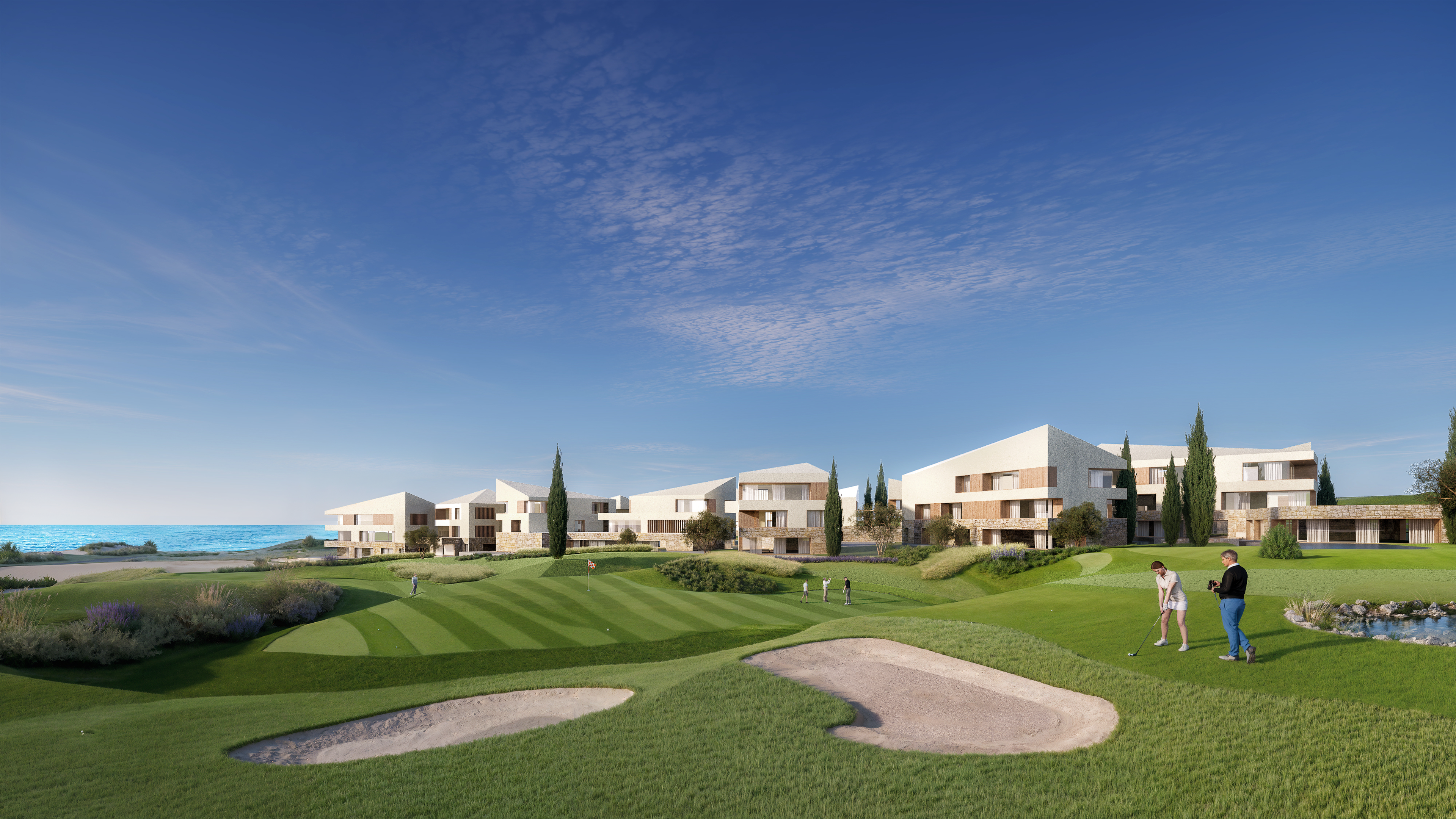 Terraced villa with stone walls, a green lawn, a sun lounger and a golf course beyond