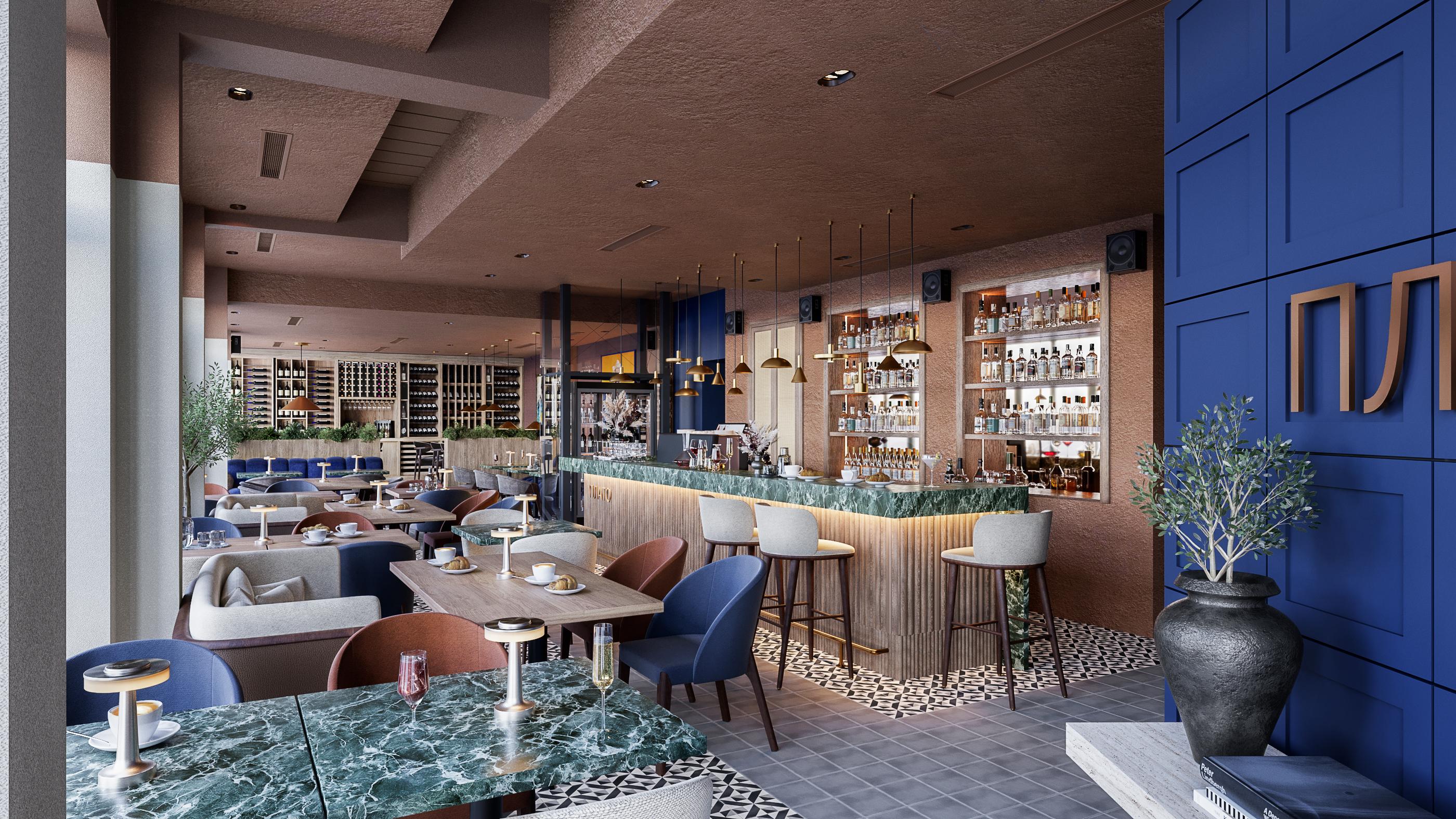 Restaurant interior with a green marble bar, blue panelling and a dark terracotta ceiling