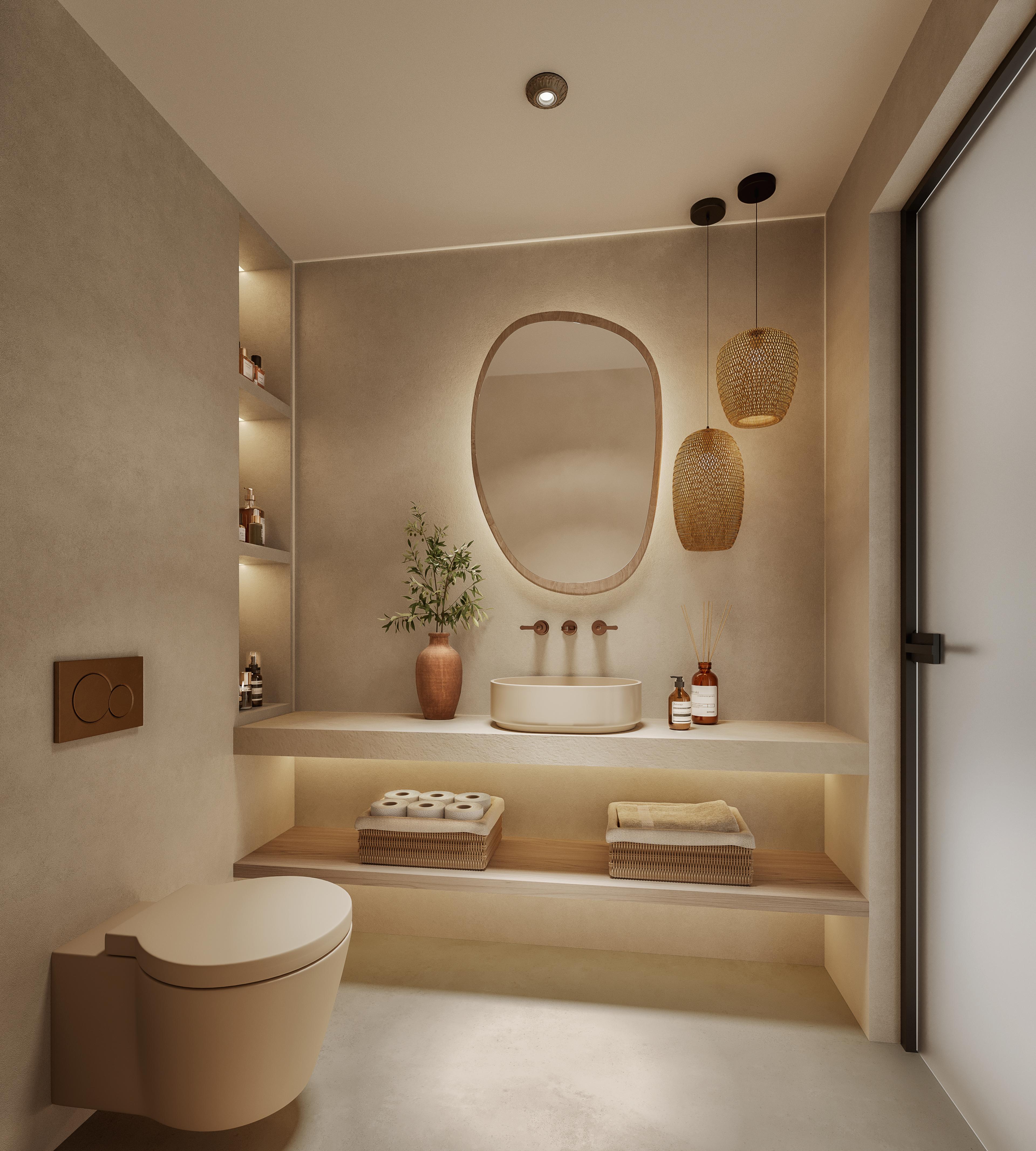 Gym bathroom with an oval mirror, a stone basin and shelves lit from below