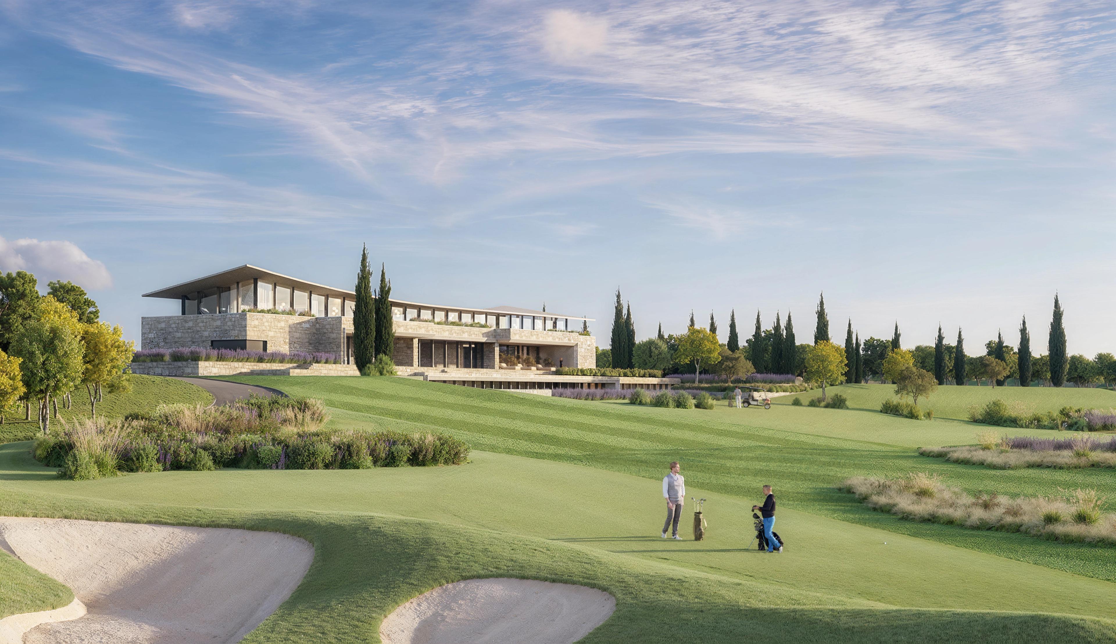Stone clubhouse on a golf course among cypress trees with two golfers on the fairway
