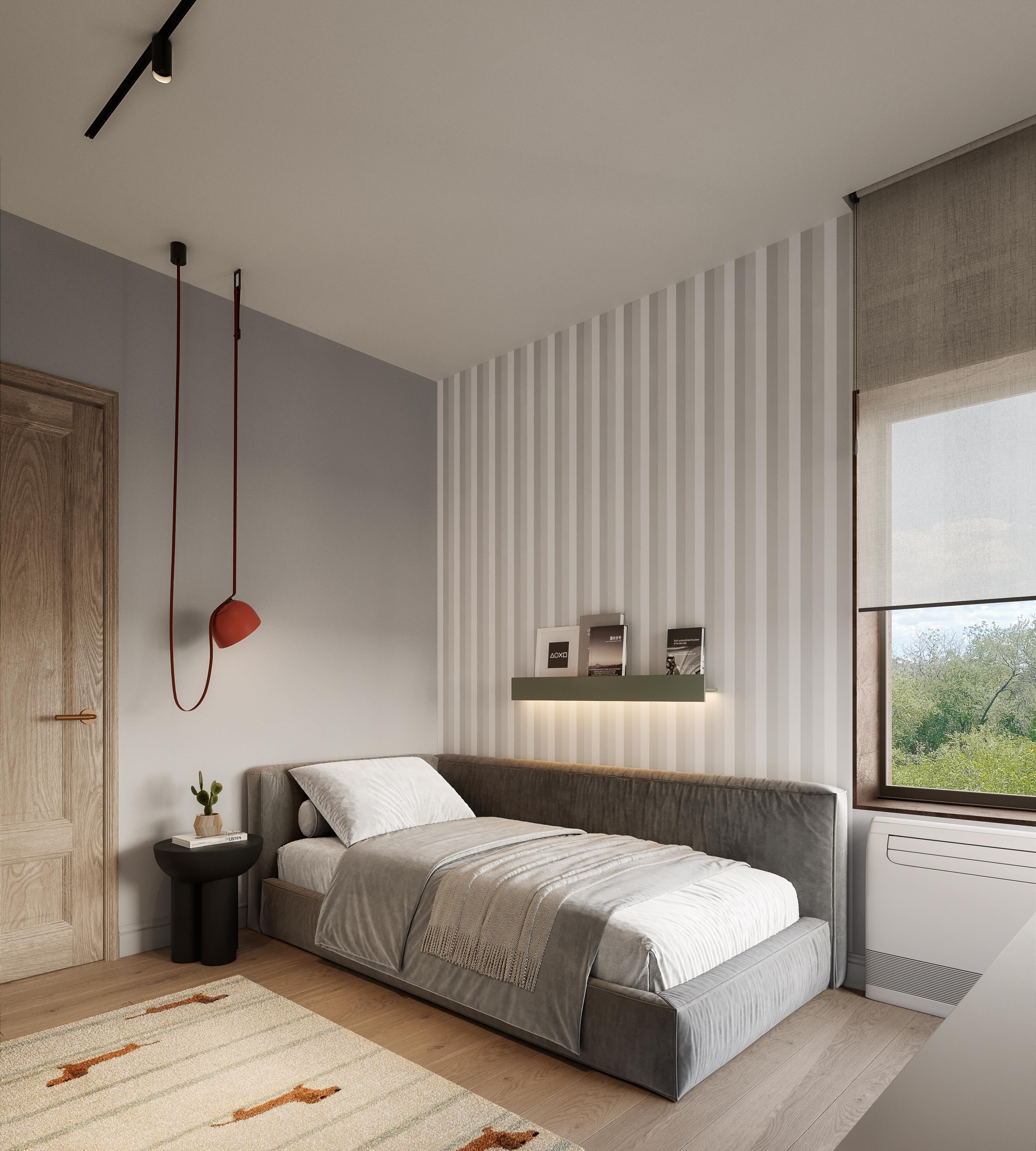 Child's bedroom with a single bed, ribbed wall panelling and a red pendant light