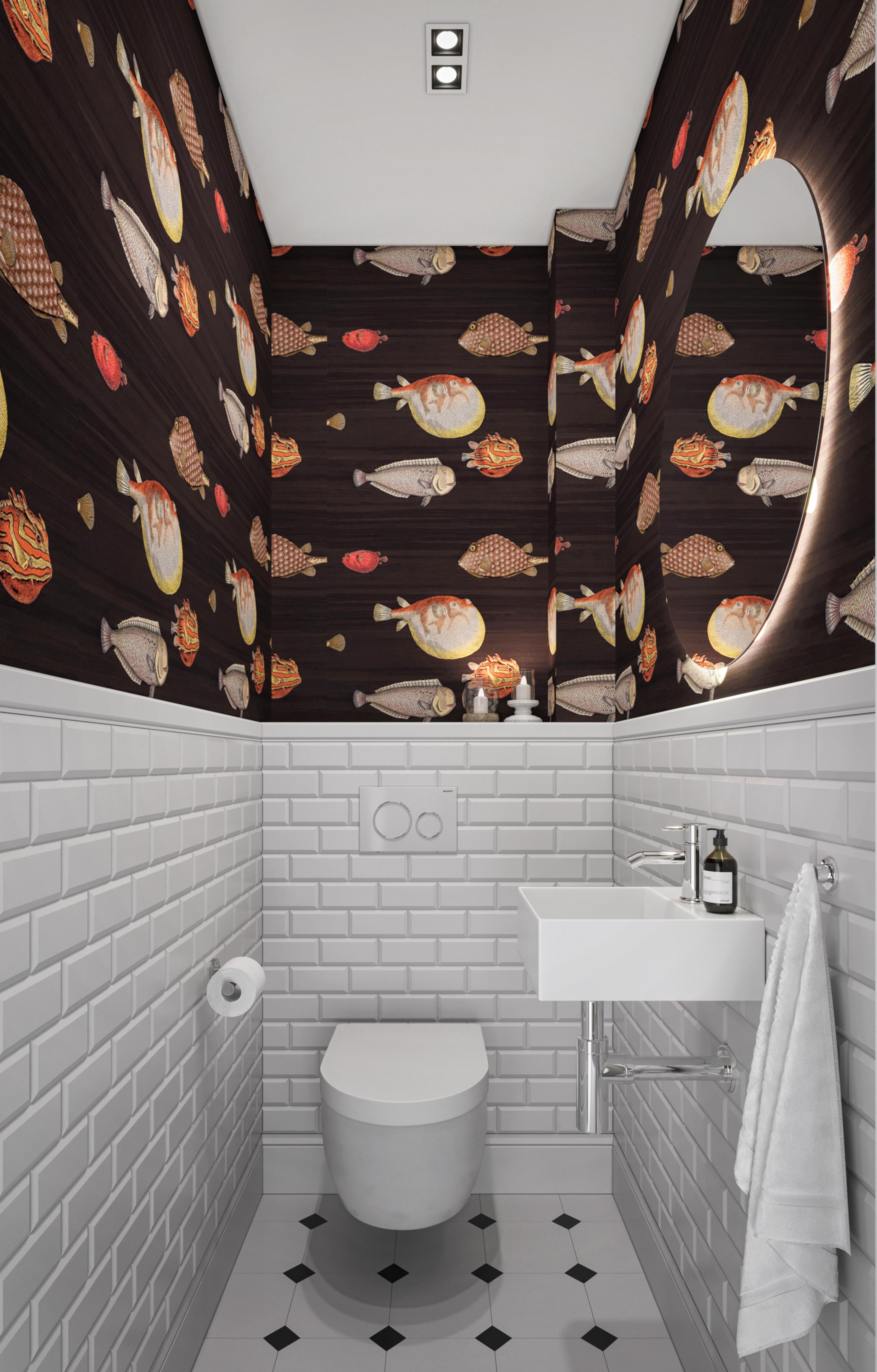 Small WC with fish-print dark wallpaper above white metro tiles and a wall-hung toilet