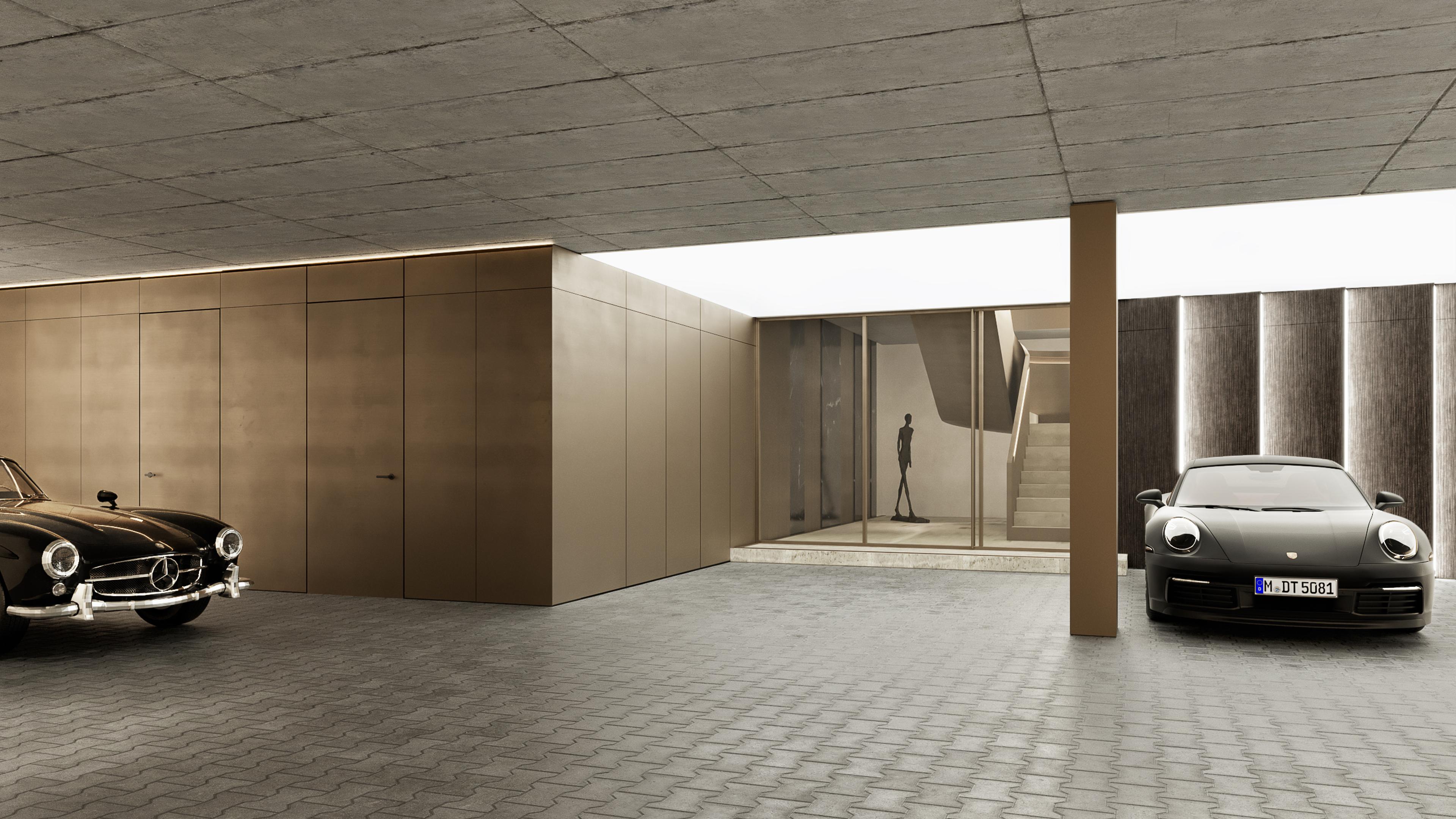 Covered garage with a vintage Mercedes and a Porsche beside a bronze-clad wall and glazed stair hall