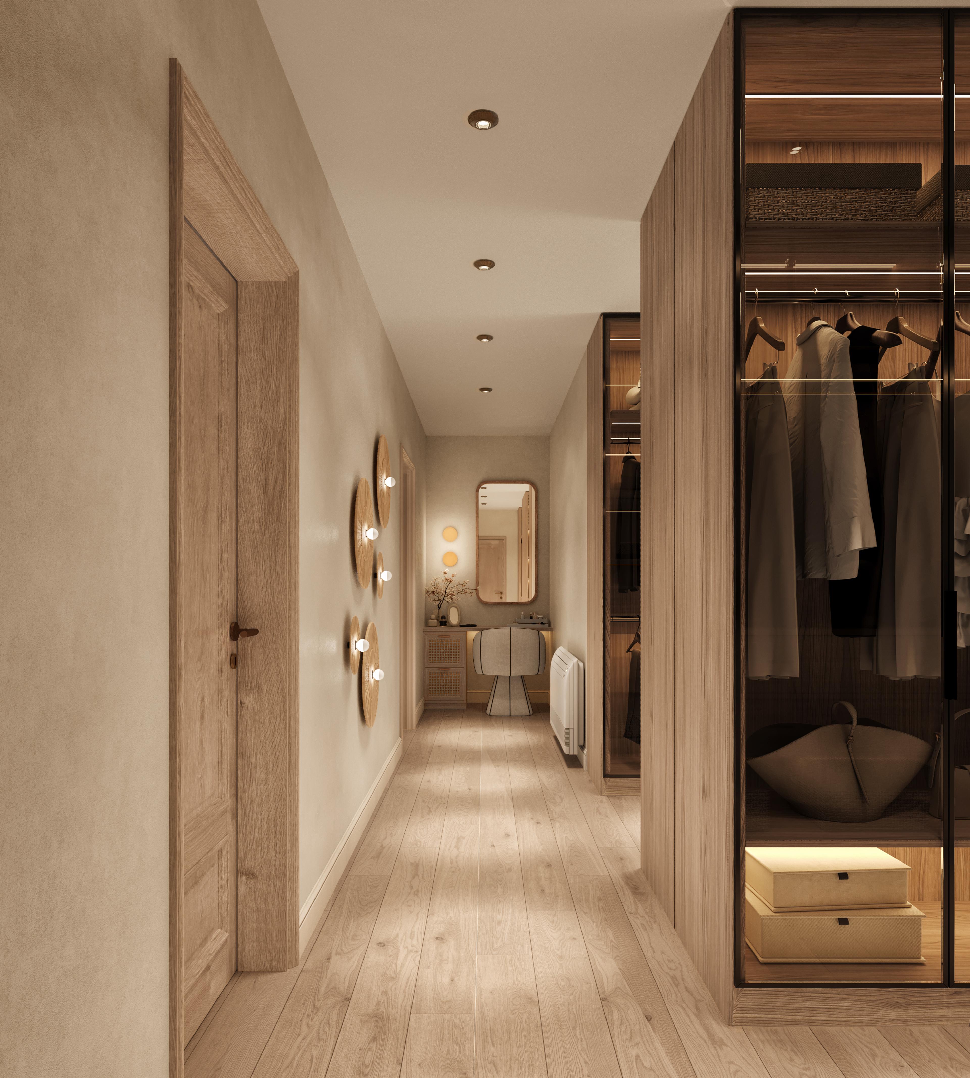 Hallway leading past a timber and glass wardrobe unit to a dressing table