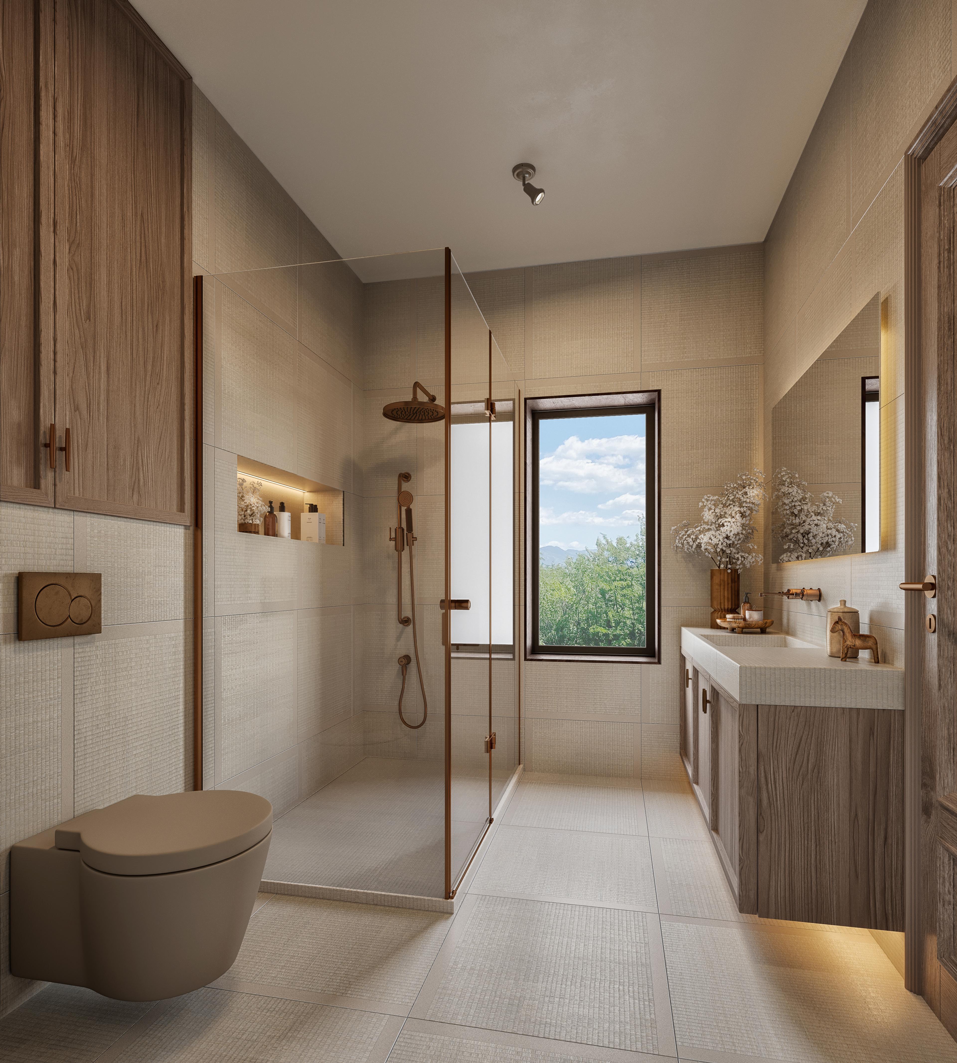 Child's bathroom with a walk-in shower, wood vanity and a window with a garden view