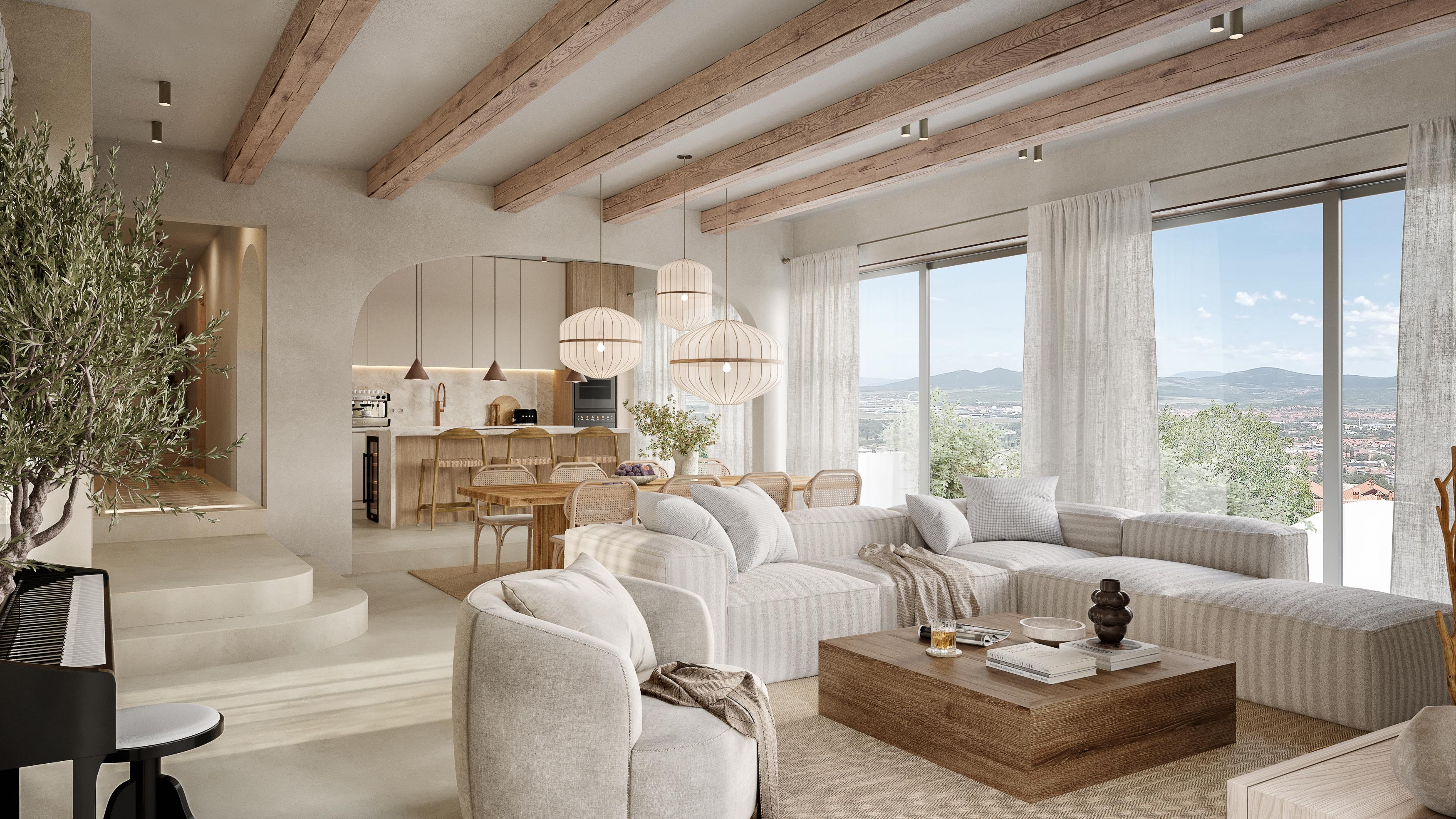 Living room with exposed timber beams, a striped sectional sofa and a view of the hills