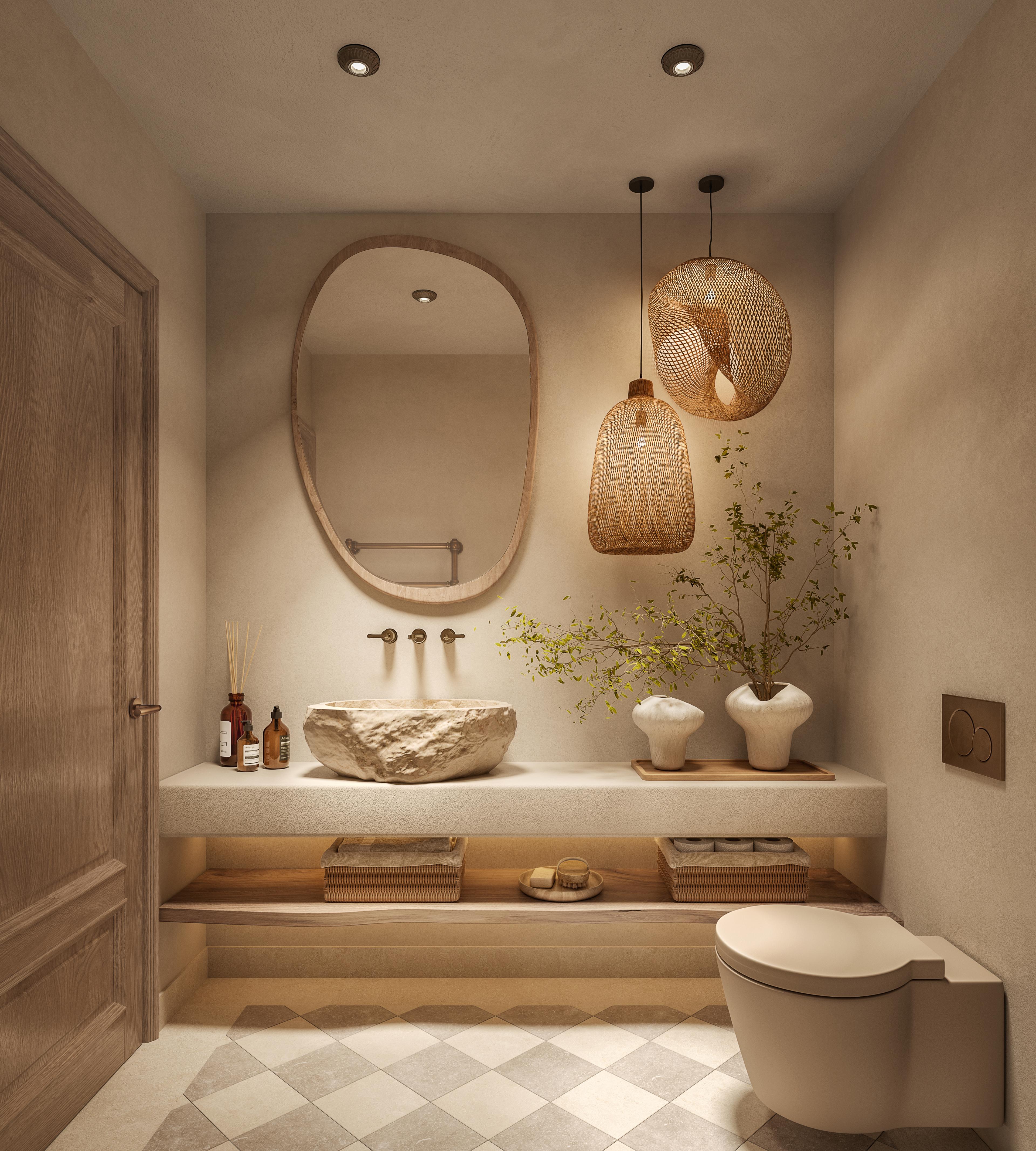 Ground-floor WC with a stone basin, an oval mirror and a chequered floor