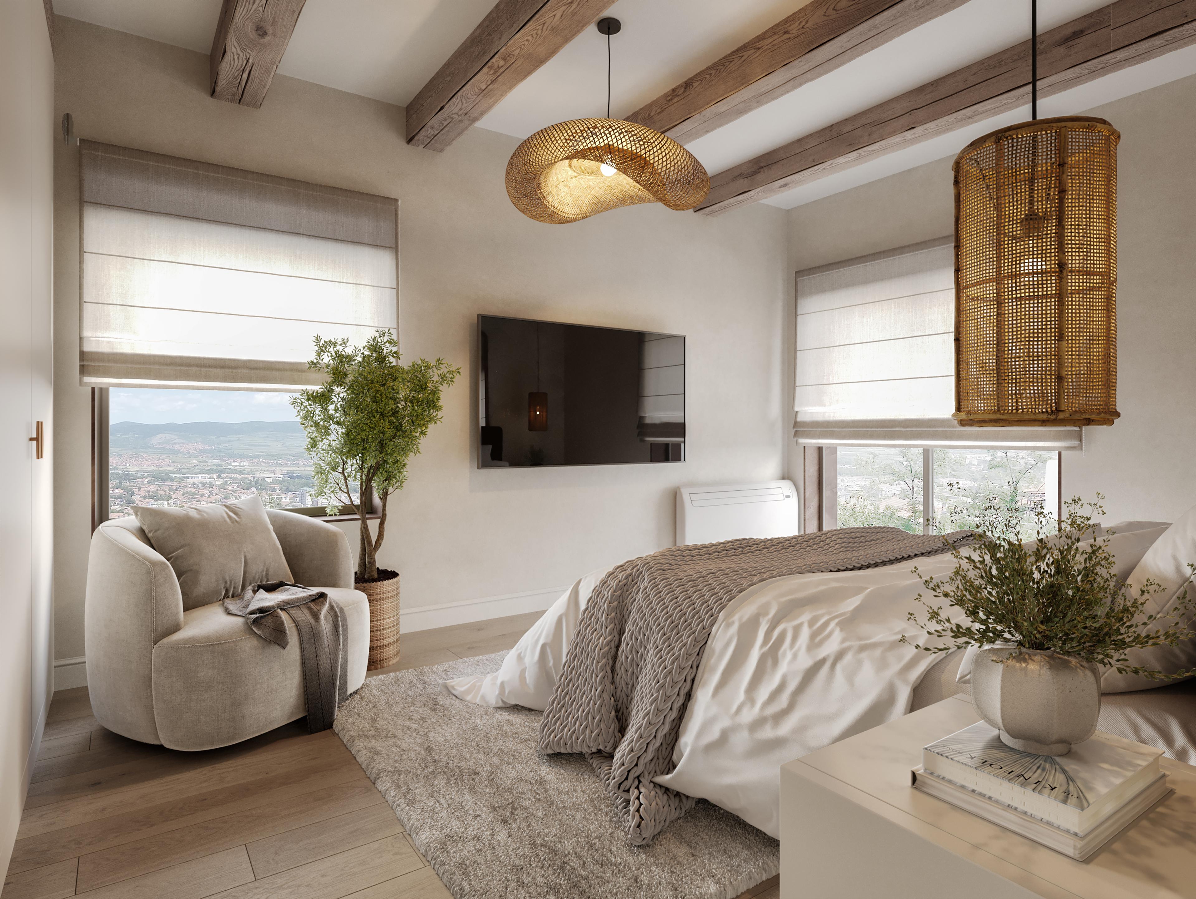Master bedroom with an armchair, large woven pendant lamps and a view over the city