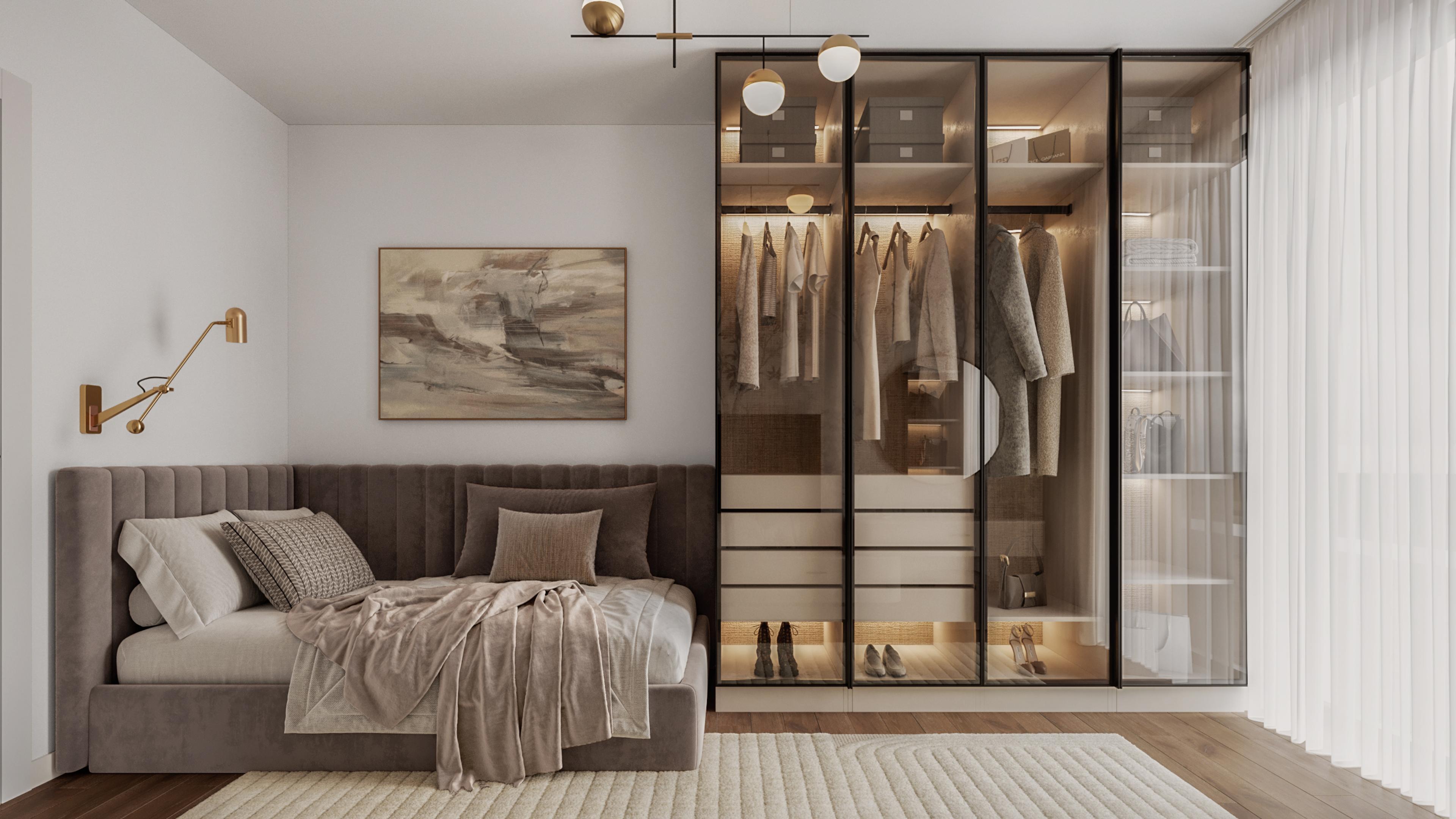 Bedroom with a daybed, a glass wardrobe and a framed landscape artwork