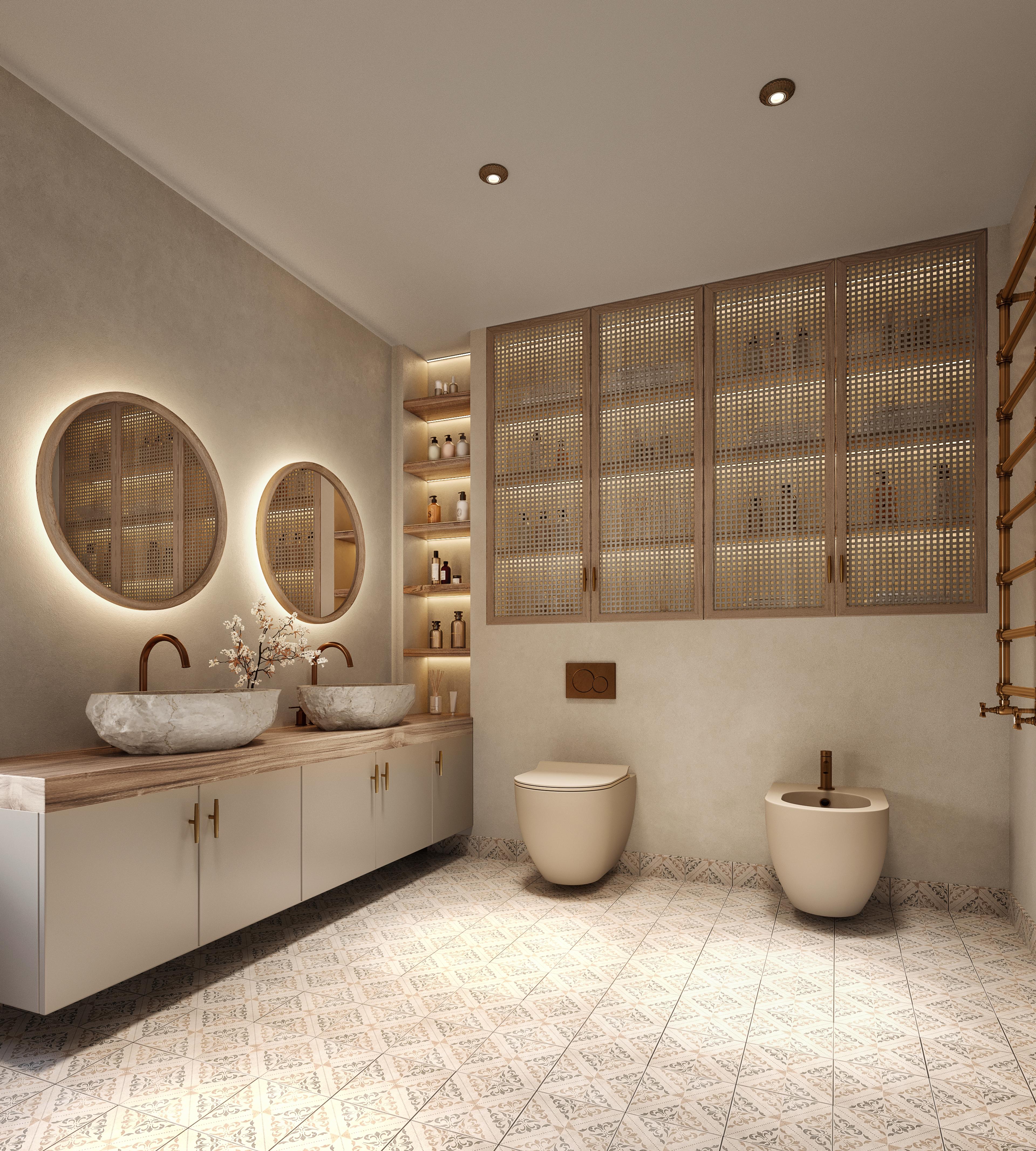 Main bathroom with two stone basins, backlit round mirrors and patterned floor tiles