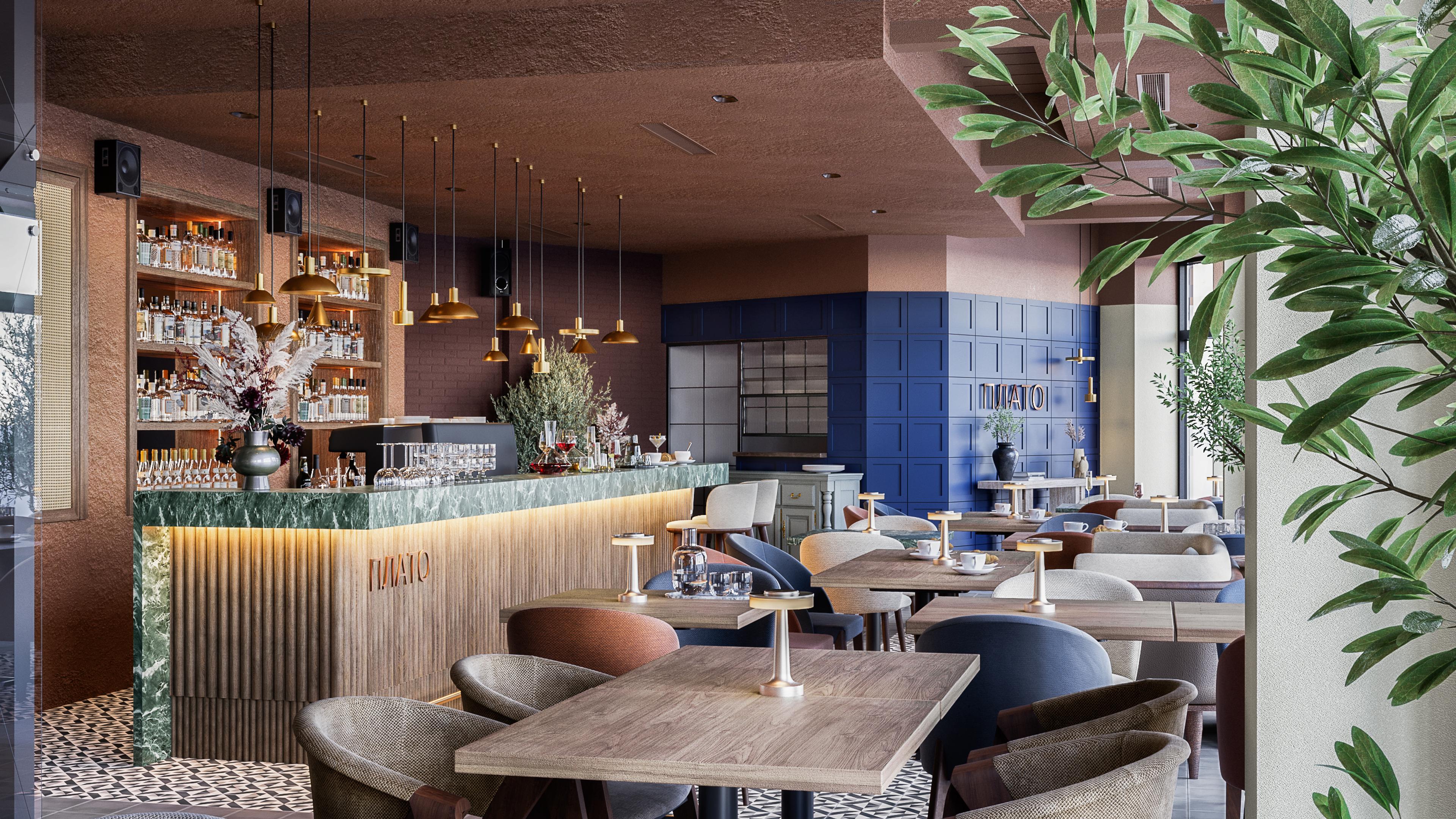 Restaurant dining room with a bar lit by brass pendants and patterned tile flooring