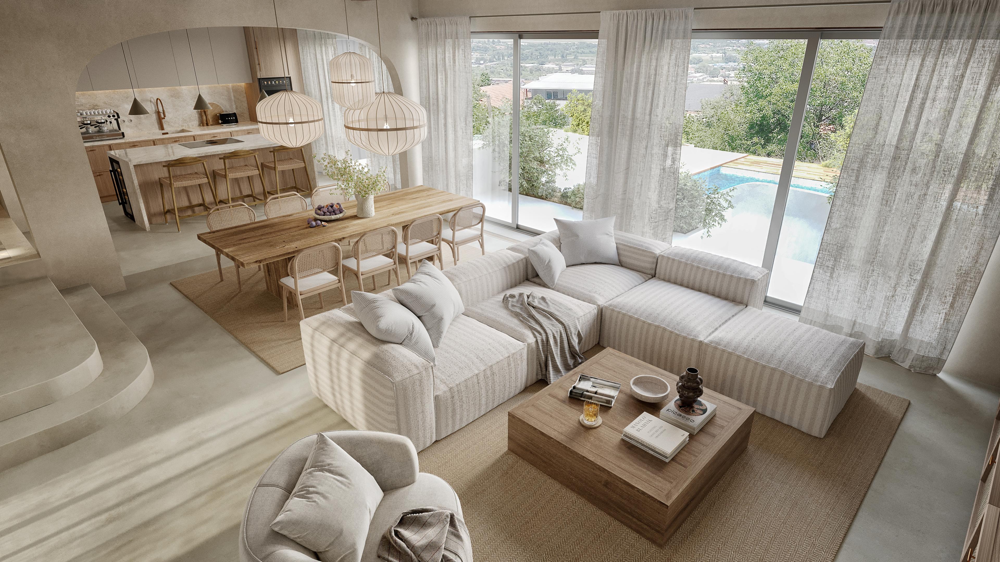 Living room seen from above with a sectional sofa, the dining table and the pool outside