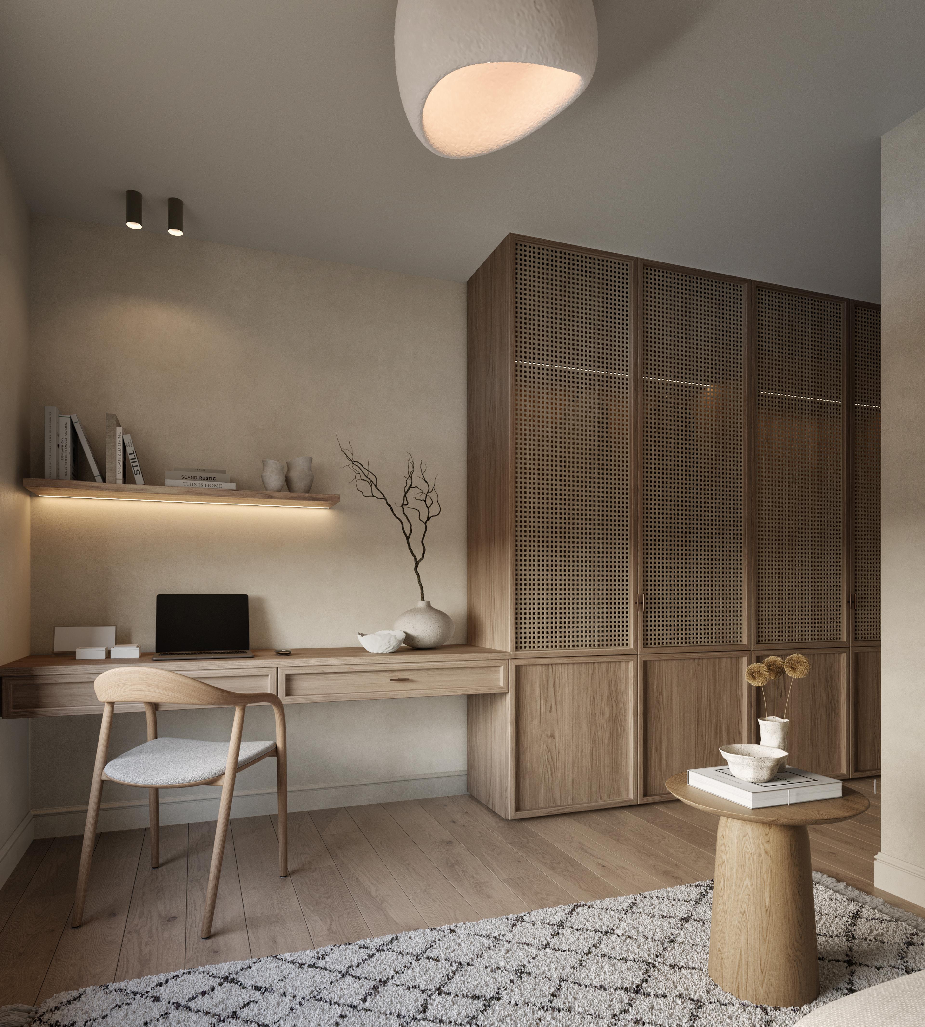 Guest room desk with a floating shelf, a wooden chair and a rattan wardrobe