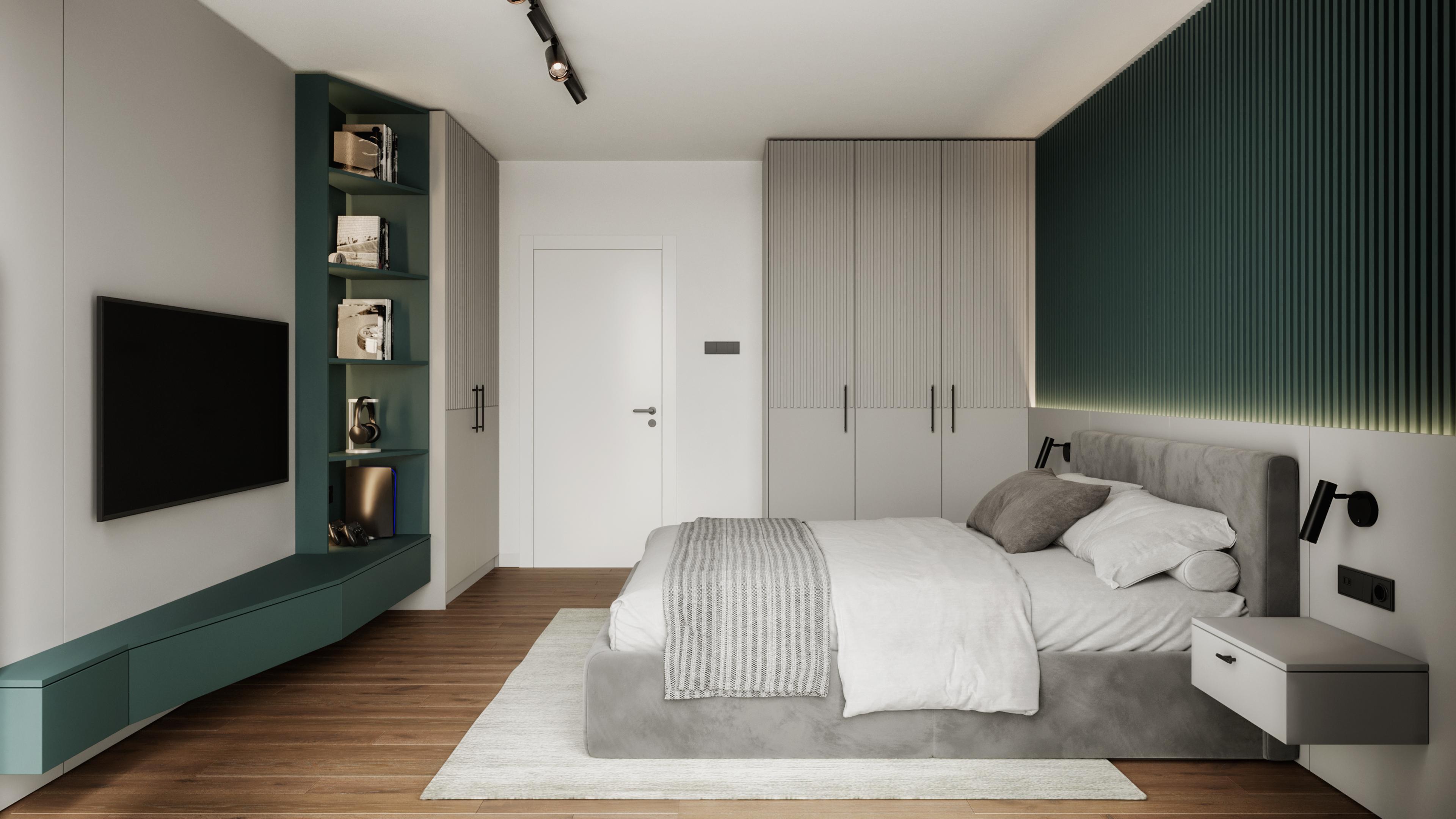 Bedroom with a dark green slat wall, a grey bed and green built-in shelving