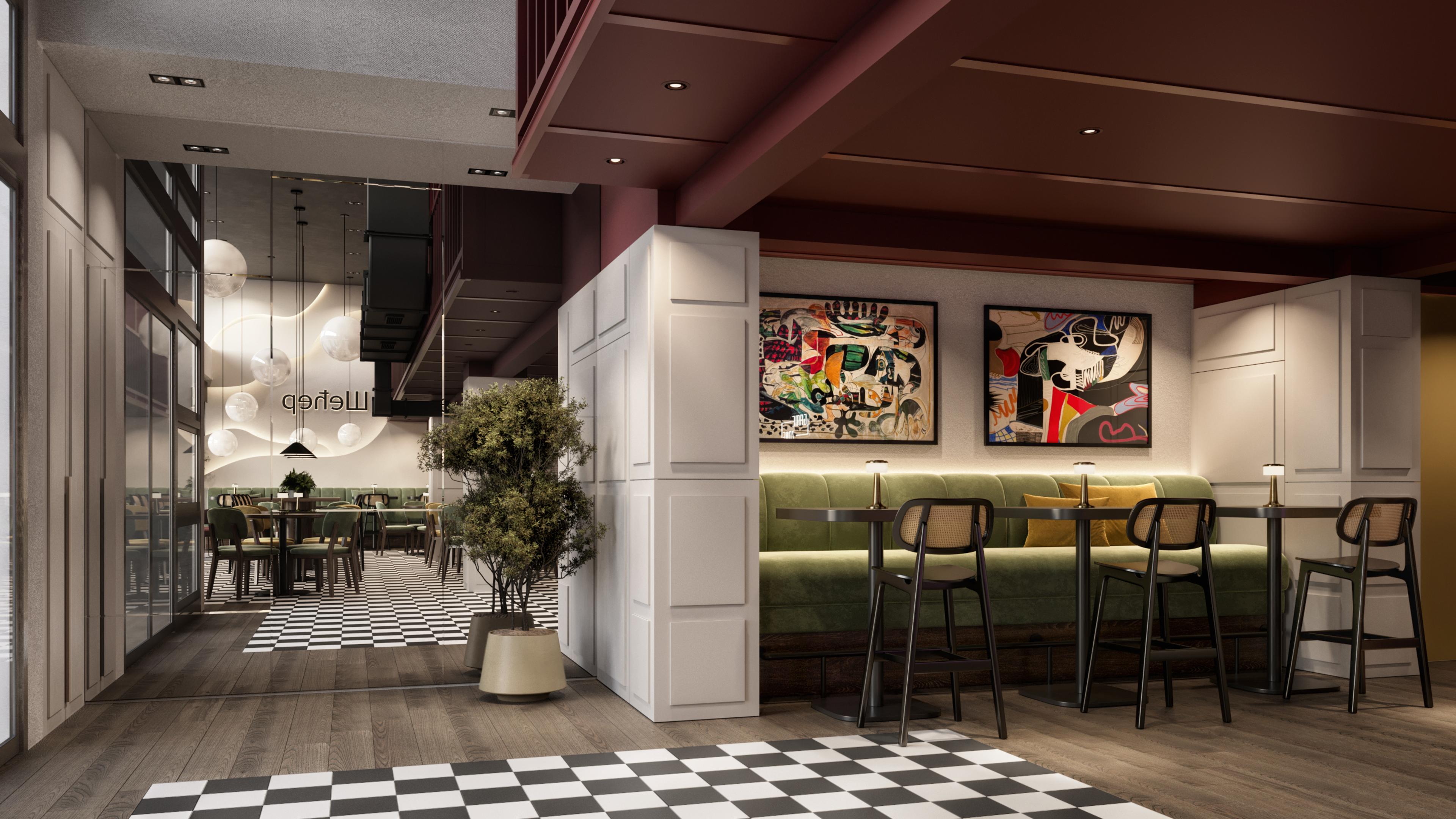 View along the cafe past banquette seating and artworks toward the entrance