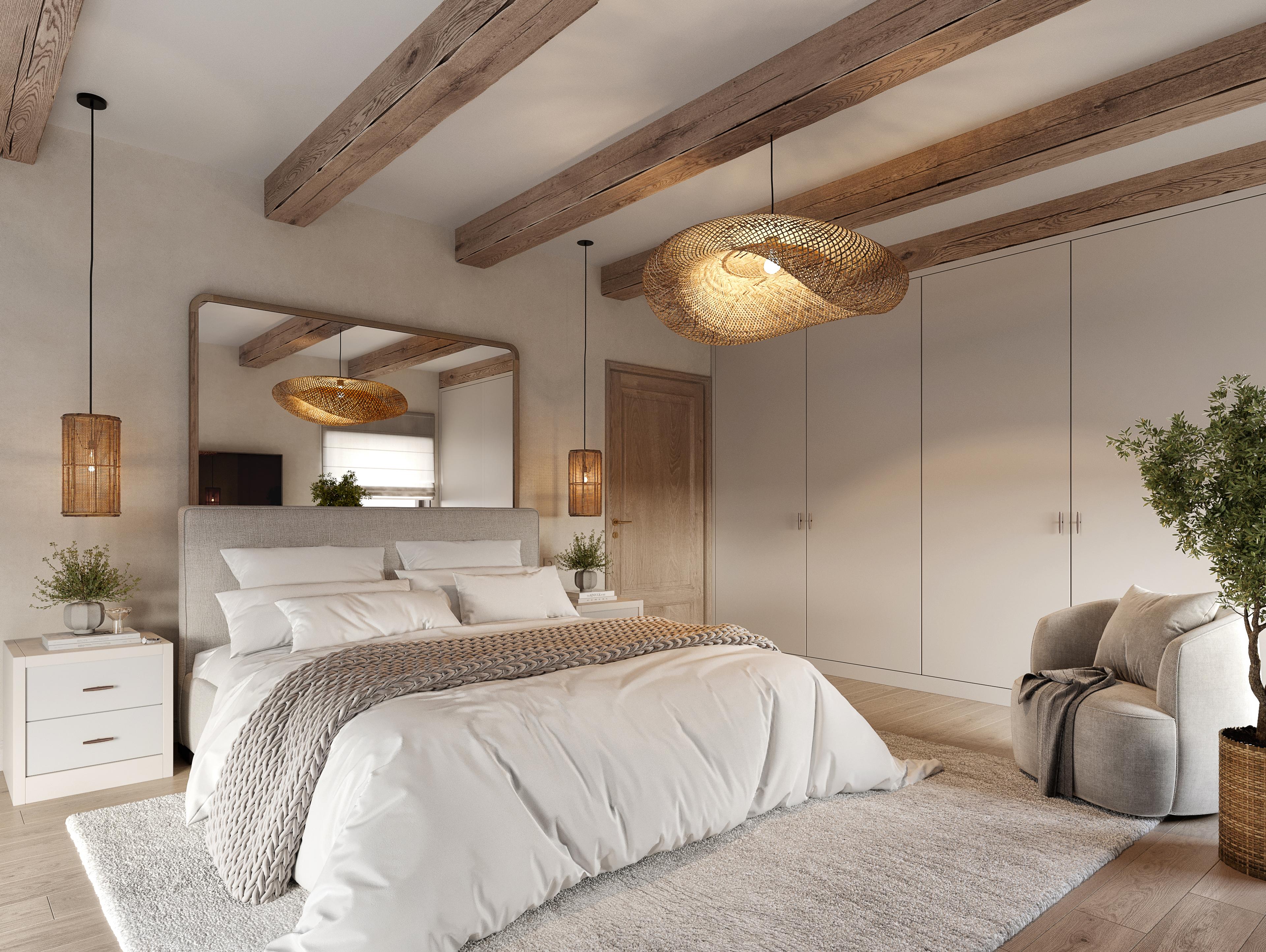 Master bedroom with exposed timber beams, a white bed and woven pendant lights