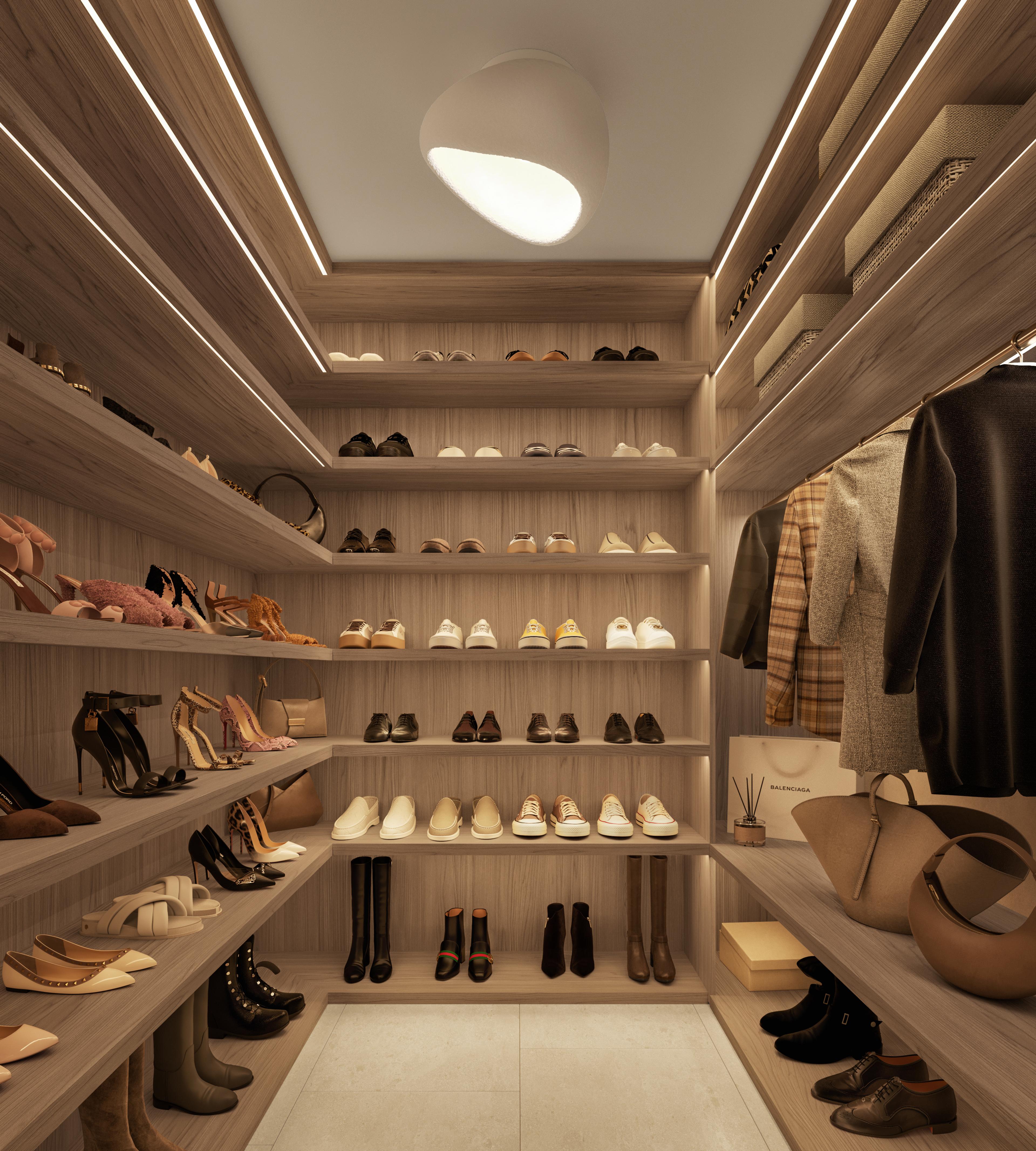 Walk-in shoe closet with timber shelving for shoes, bags and coats